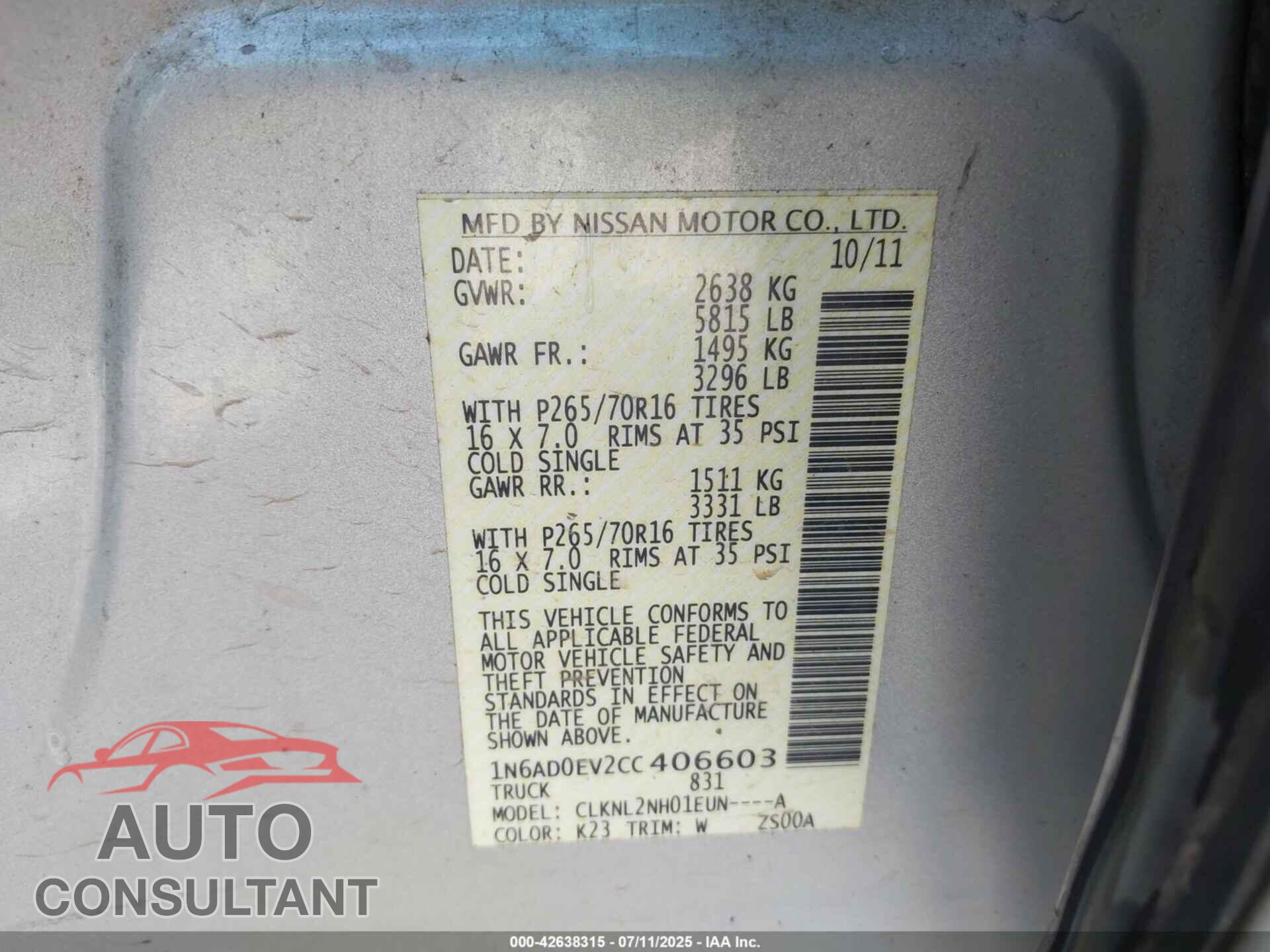 NISSAN FRONTIER 2012 - 1N6AD0EV2CC406603