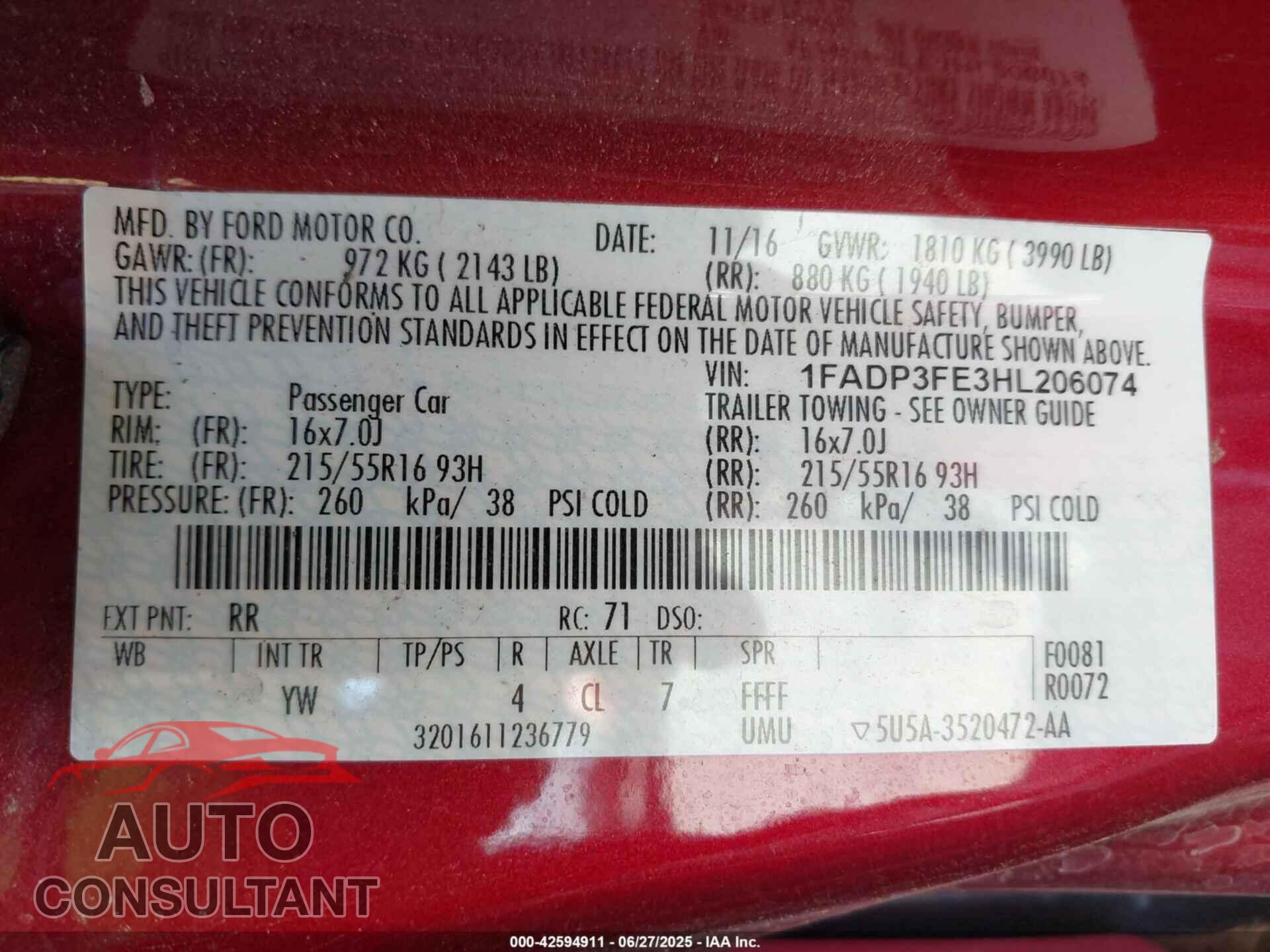 FORD FOCUS 2017 - 1FADP3FE3HL206074