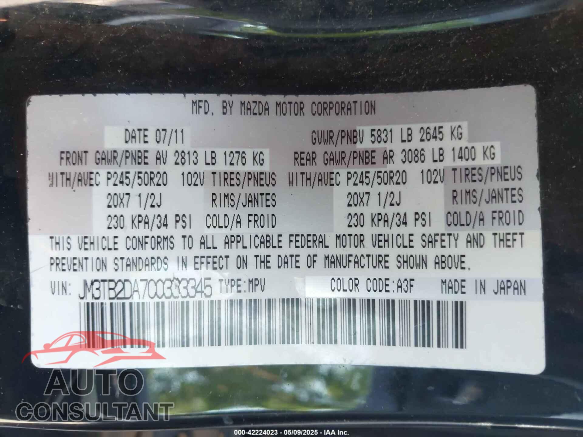 MAZDA CX-9 2012 - JM3TB2DA7C0333345