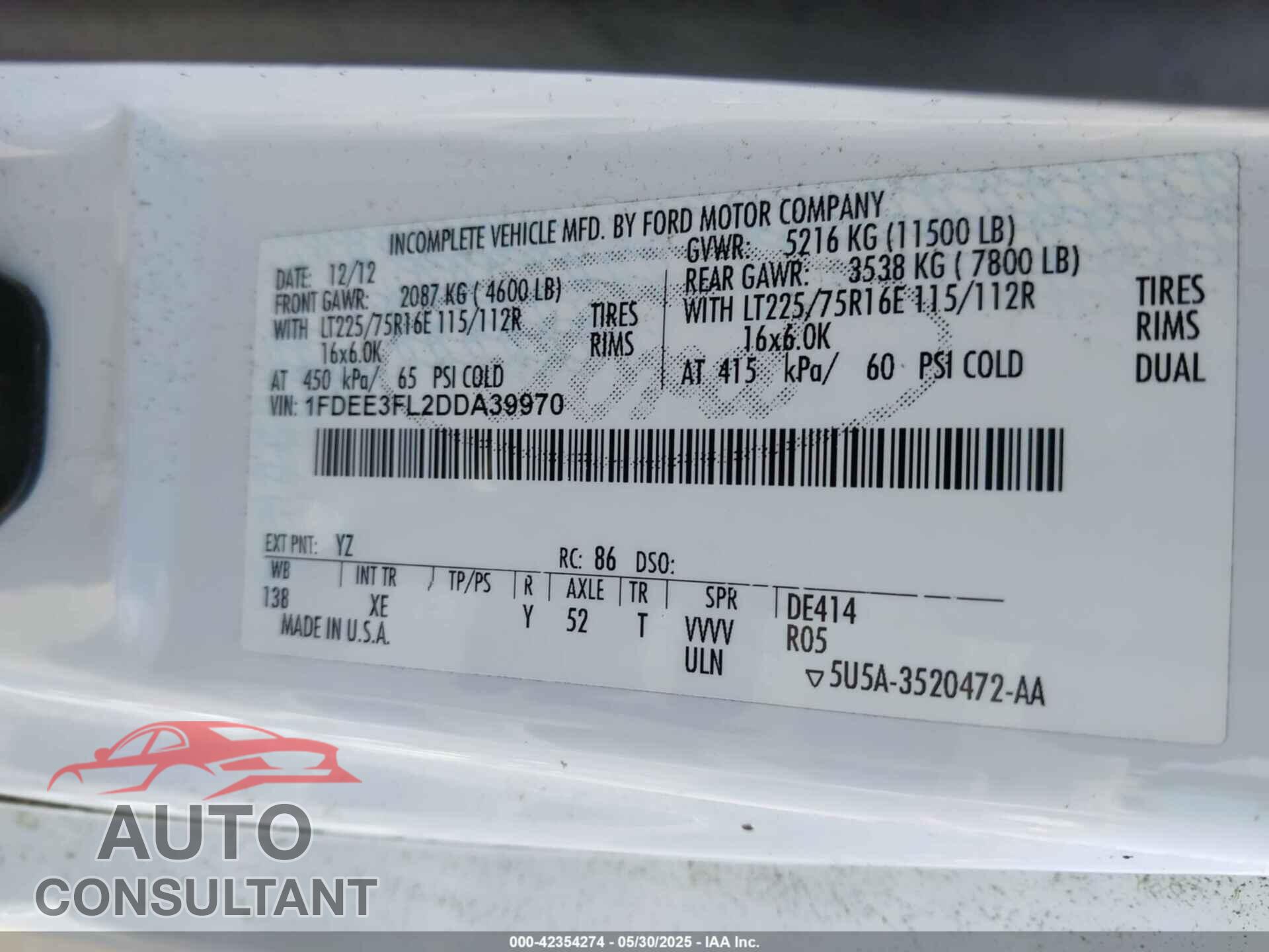 FORD E-350 CUTAWAY 2013 - 1FDEE3FL2DDA39970