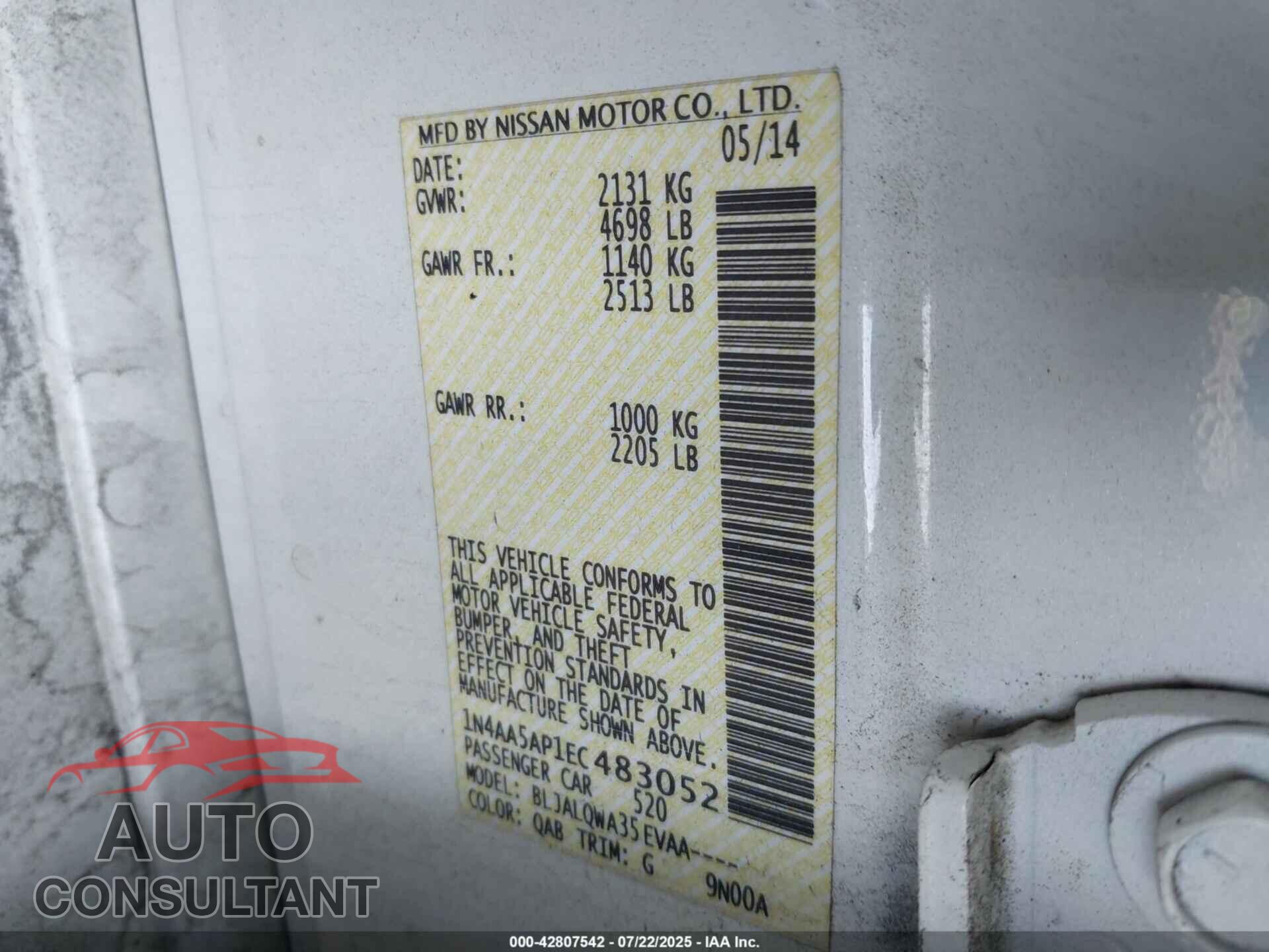 NISSAN MAXIMA 2014 - 1N4AA5AP1EC483052