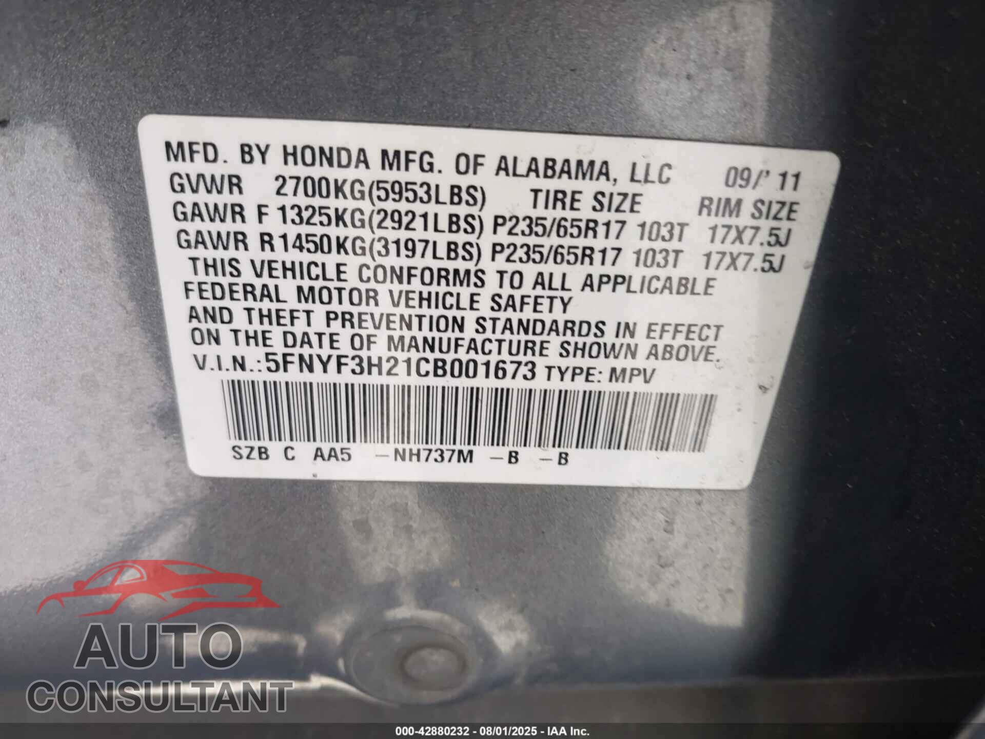 HONDA PILOT 2012 - 5FNYF3H21CB001673