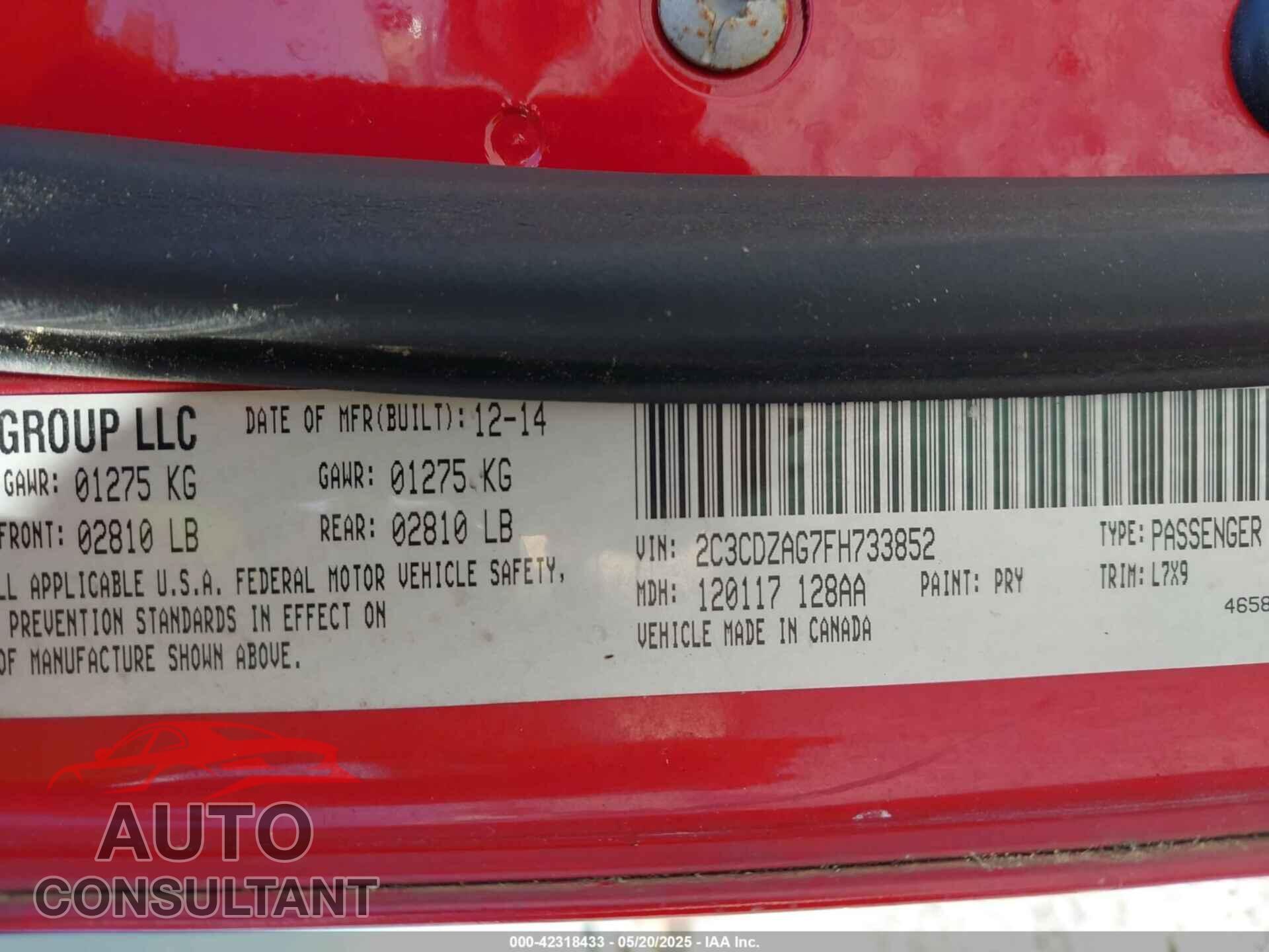DODGE CHALLENGER 2015 - 2C3CDZAG7FH733852