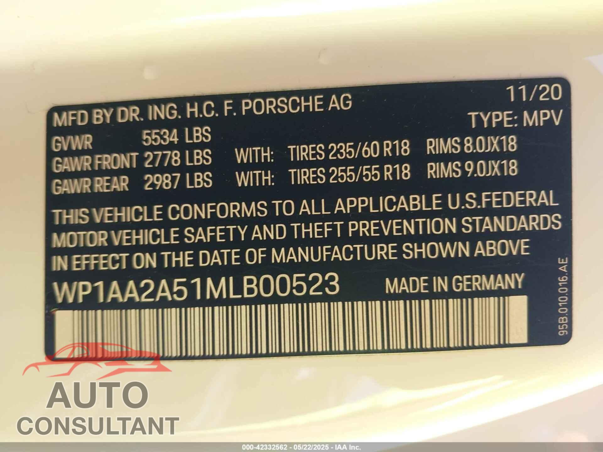 PORSCHE MACAN 2021 - WP1AA2A51MLB00523