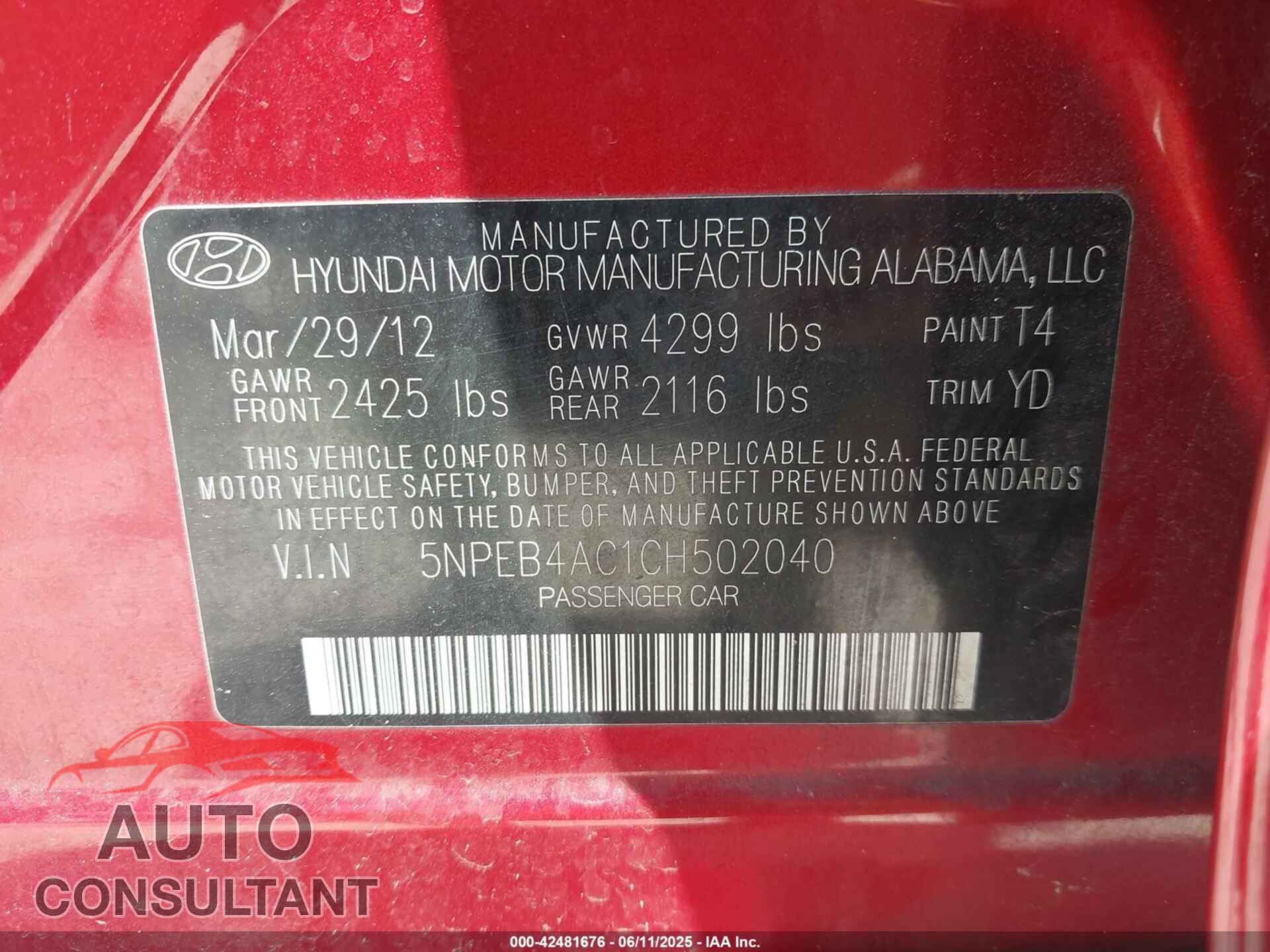 HYUNDAI SONATA 2012 - 5NPEB4AC1CH502040