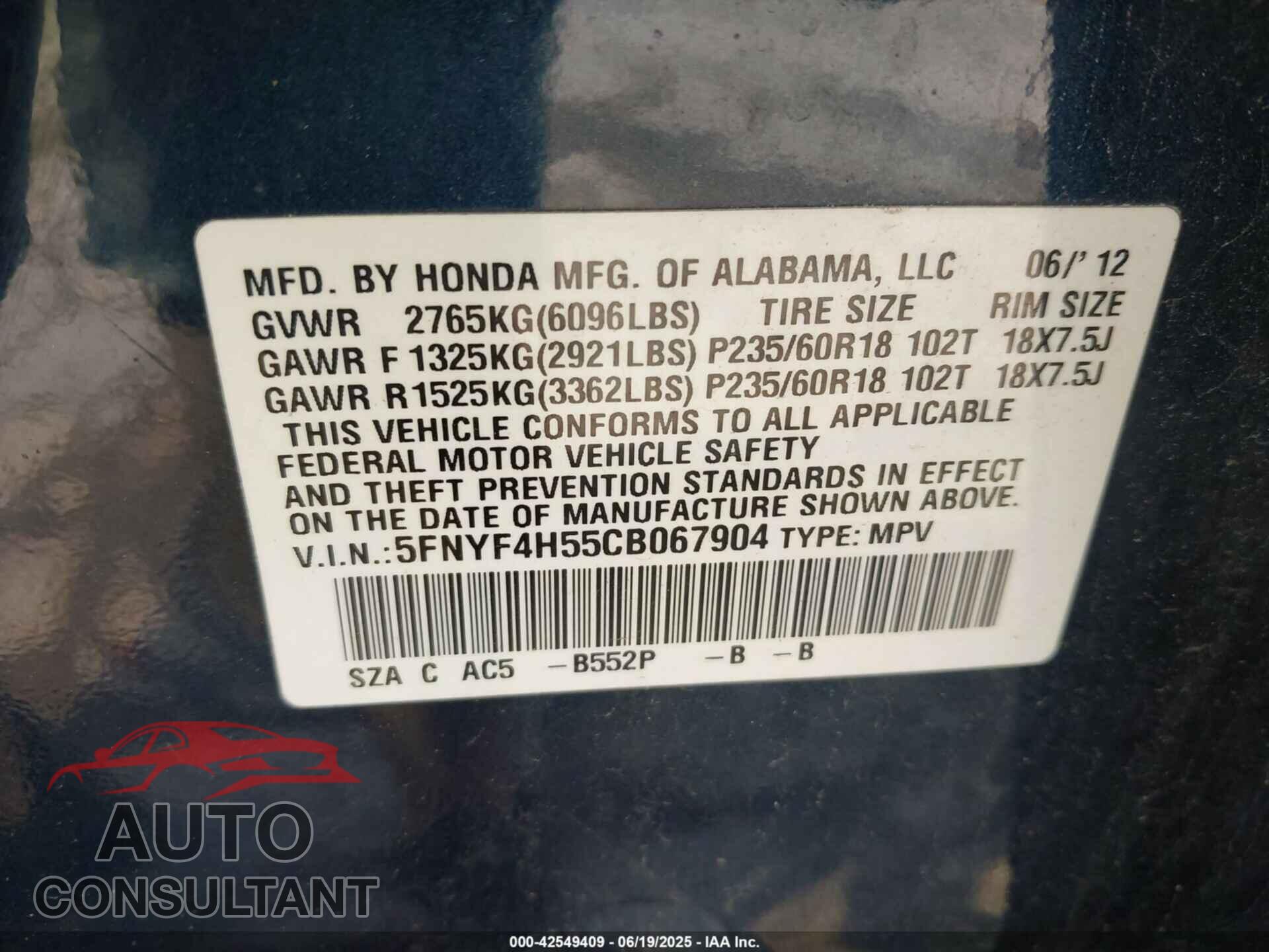 HONDA PILOT 2012 - 5FNYF4H55CB067904