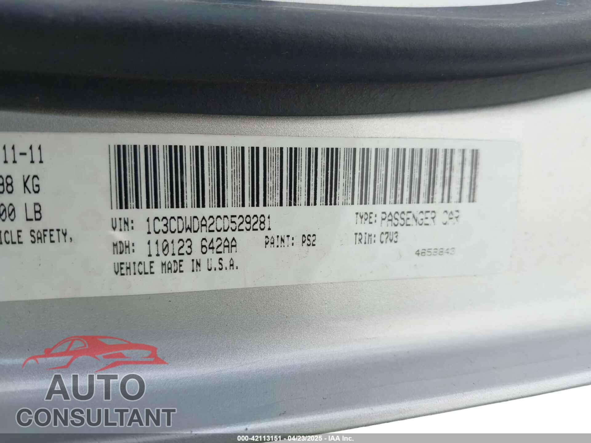 DODGE CALIBER 2012 - 1C3CDWDA2CD529281