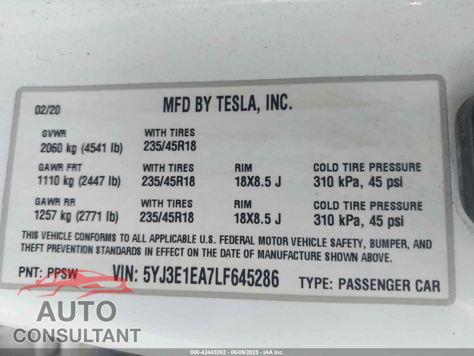 TESLA MODEL 3 2020 - 5YJ3E1EA7LF645286