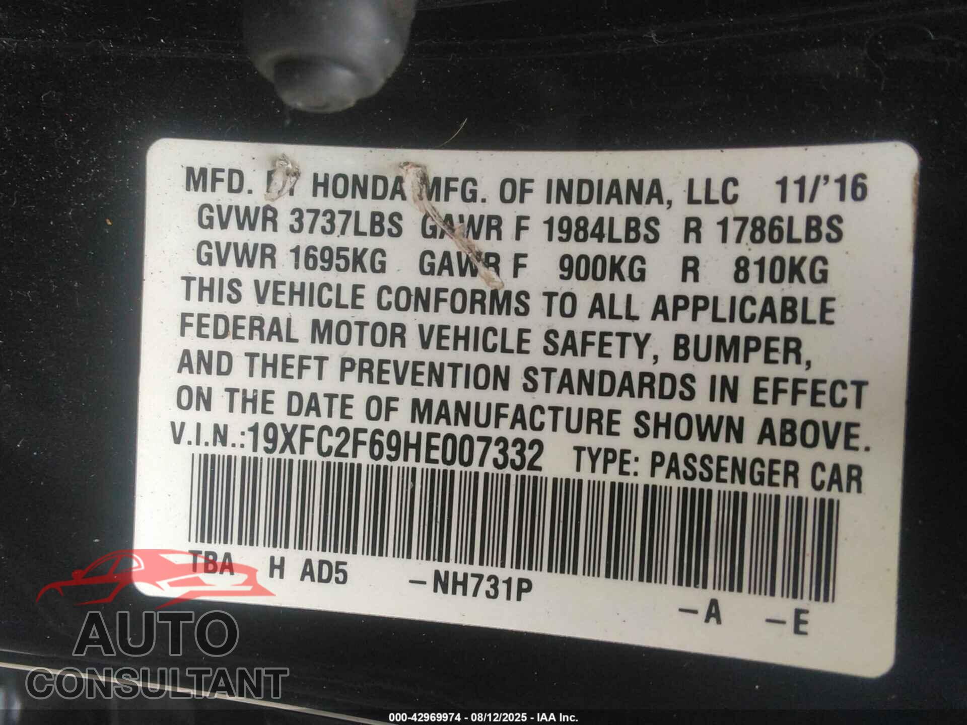 HONDA CIVIC 2017 - 19XFC2F69HE007332