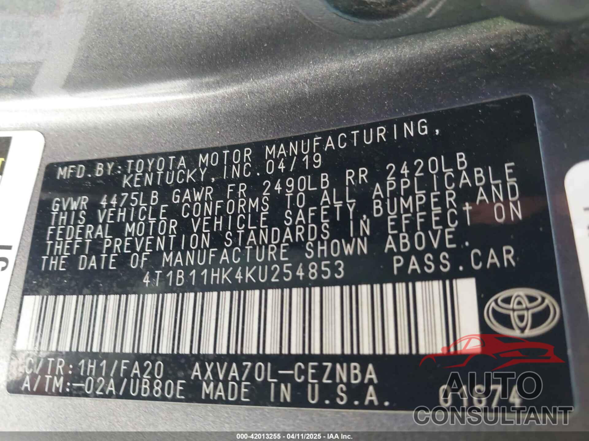 TOYOTA CAMRY 2019 - 4T1B11HK4KU254853