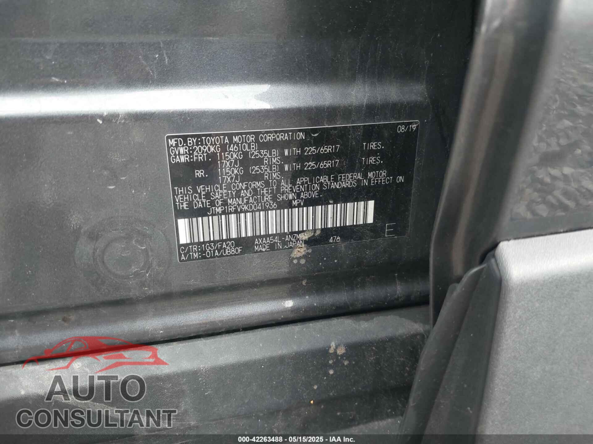 TOYOTA RAV4 2019 - JTMP1RFV9KD041936