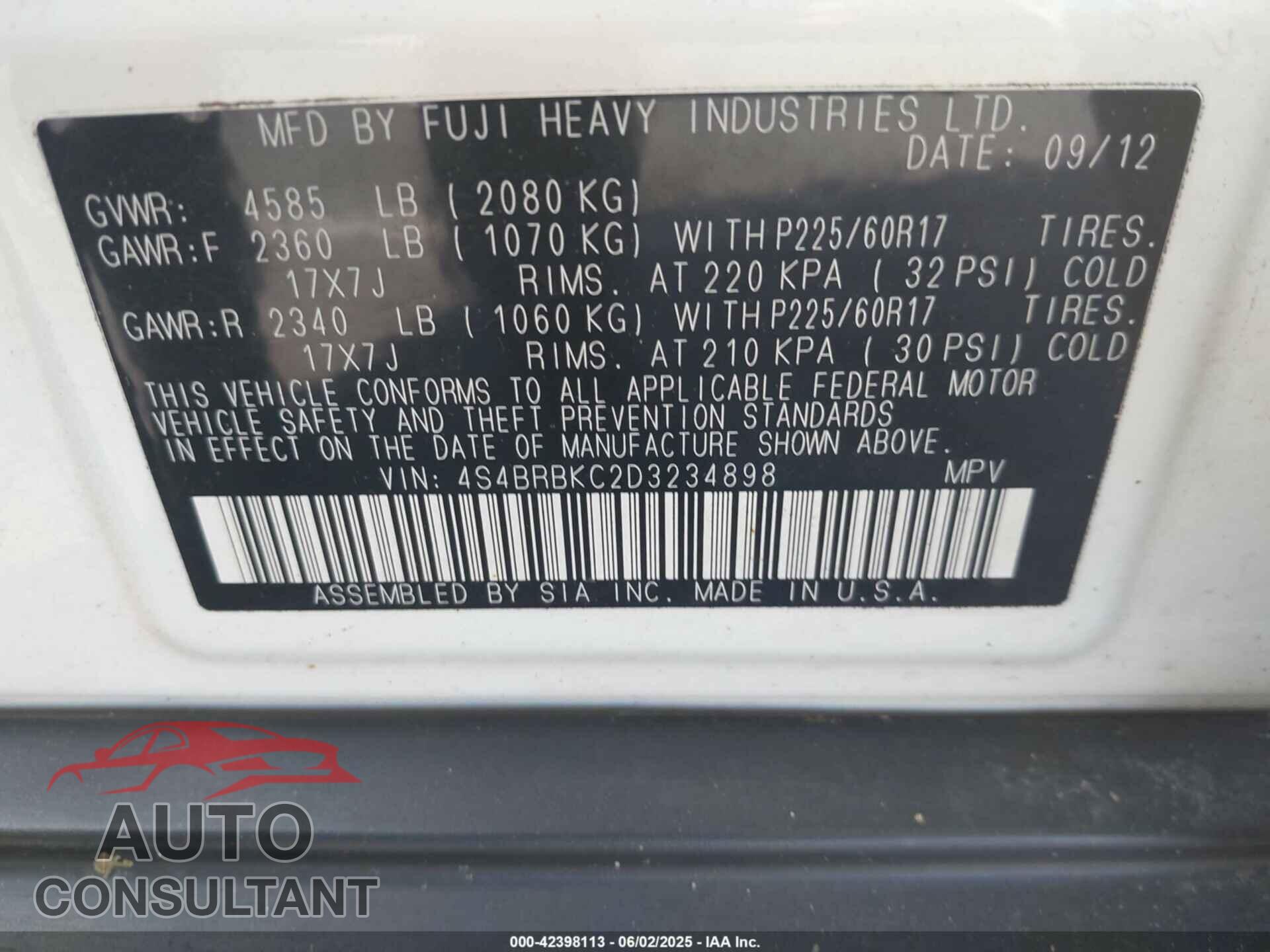 SUBARU OUTBACK 2013 - 4S4BRBKC2D3234898