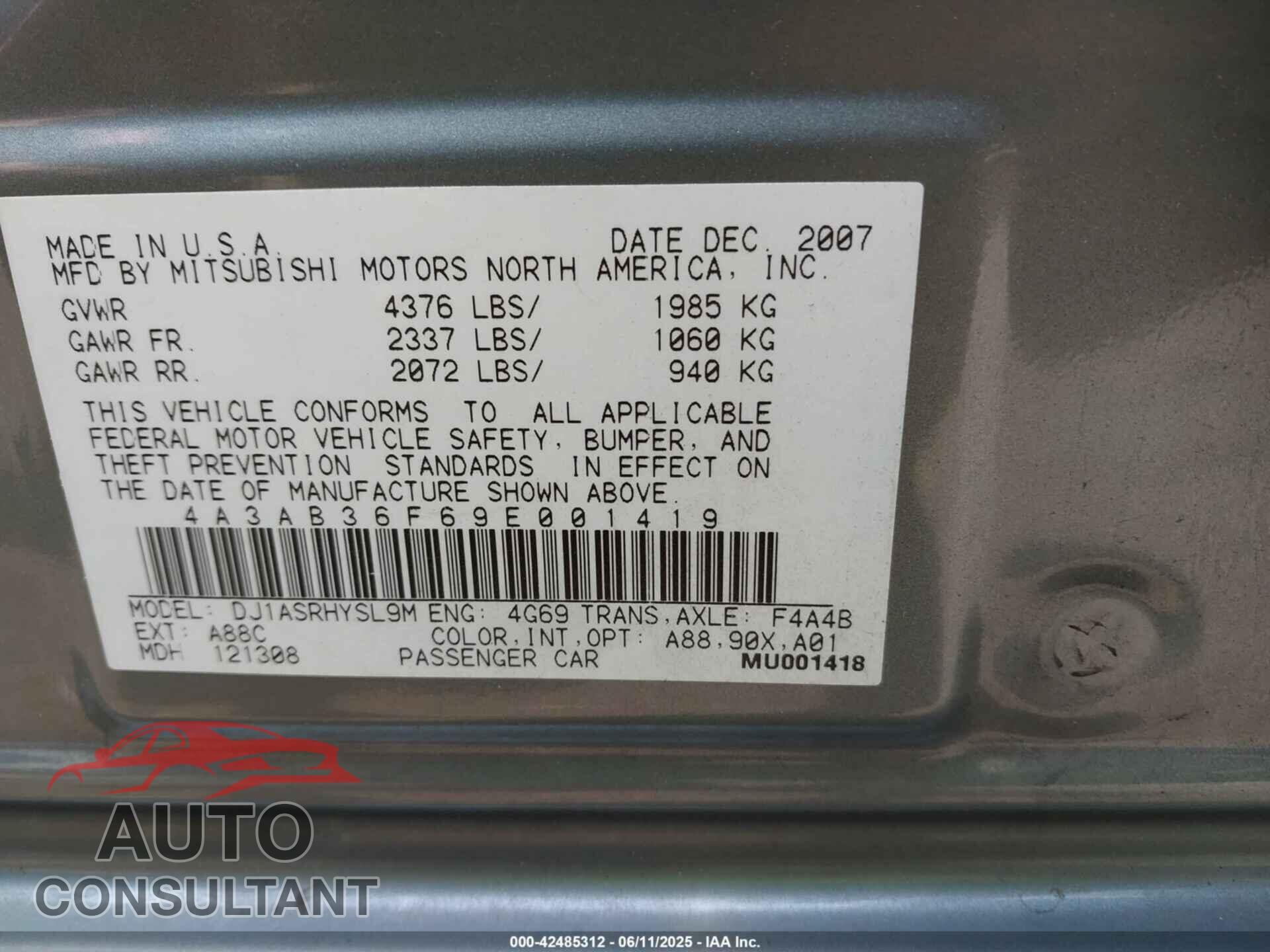 MITSUBISHI GALANT 2009 - 4A3AB36F69E001419