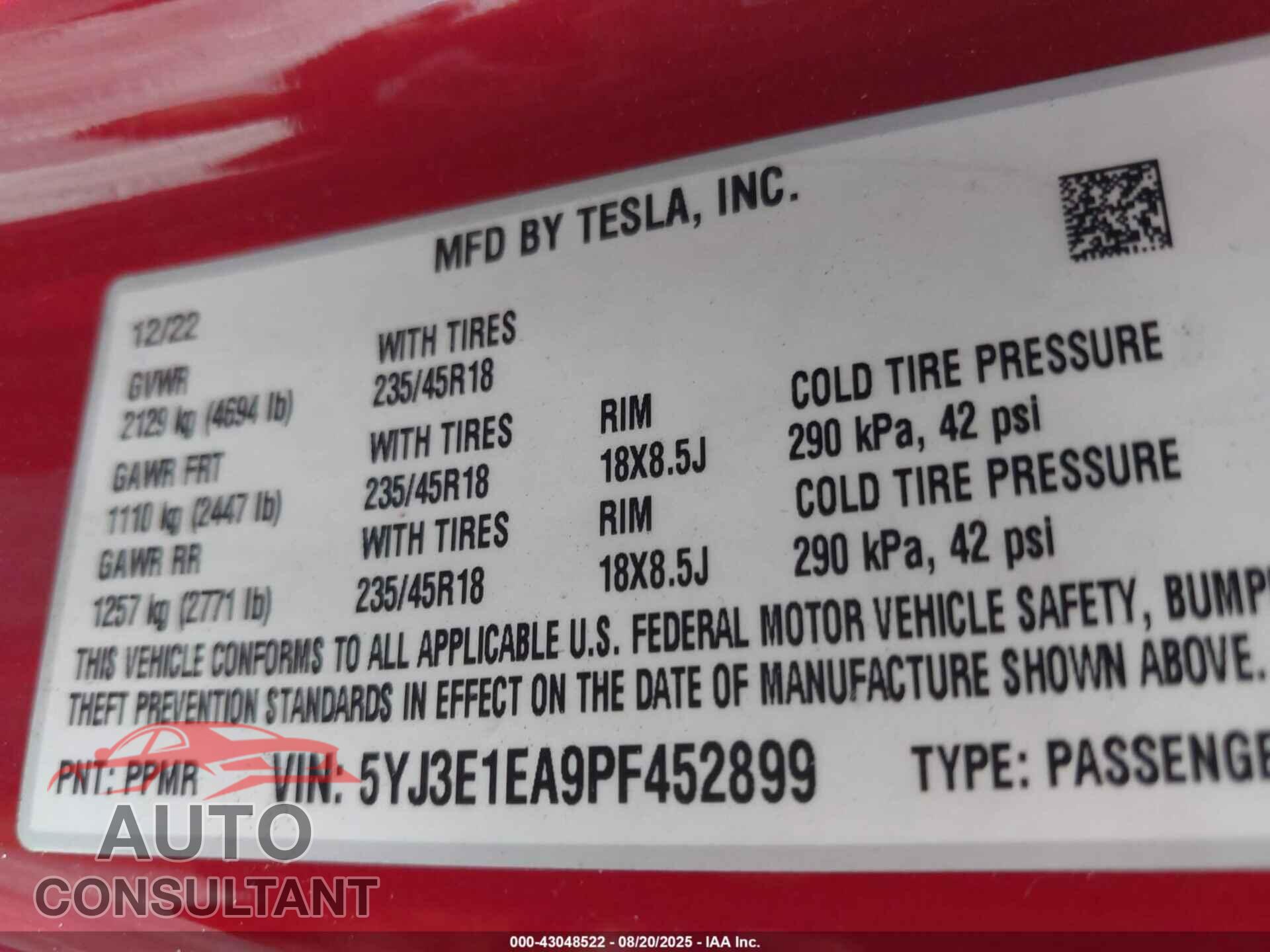 TESLA MODEL 3 2023 - 5YJ3E1EA9PF452899