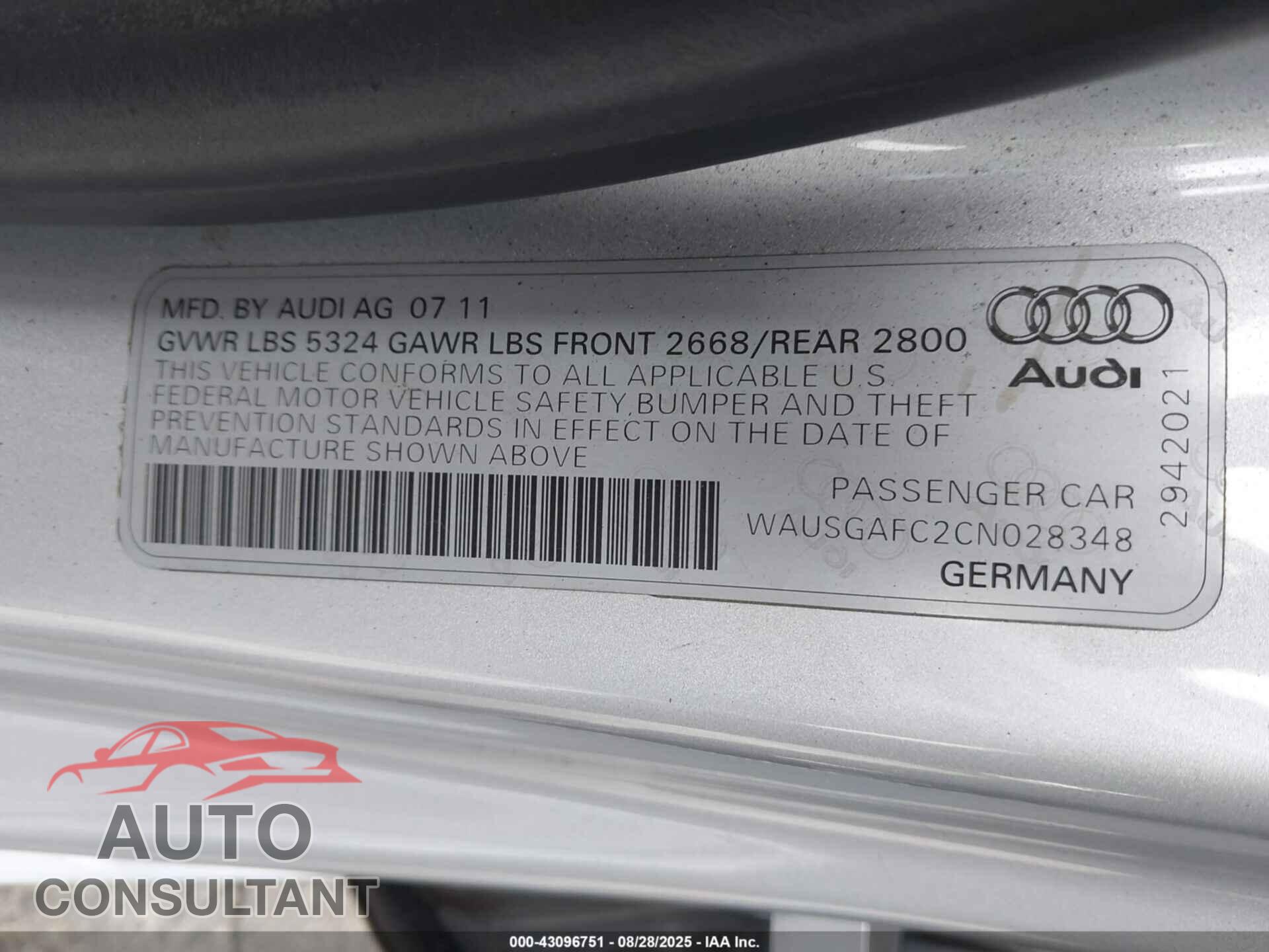 AUDI A7 2012 - WAUSGAFC2CN028348