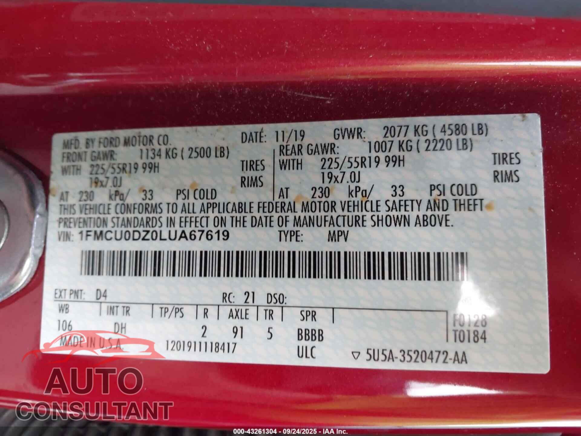 FORD ESCAPE 2020 - 1FMCU0DZ0LUA67619