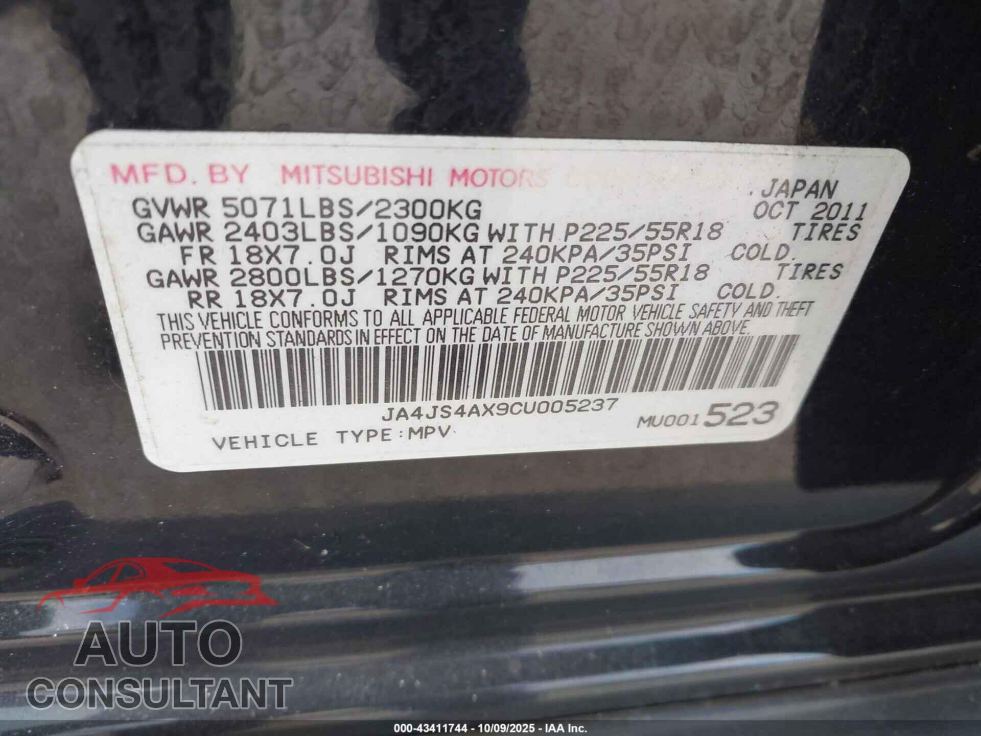 MITSUBISHI OUTLANDER 2012 - JA4JS4AX9CU005237