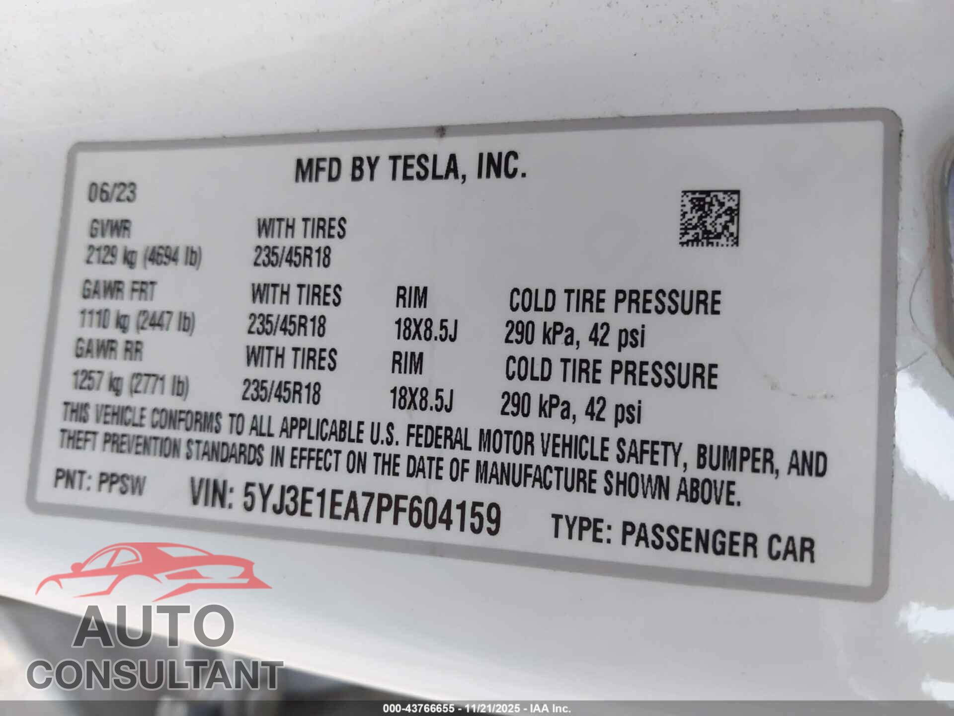 TESLA MODEL 3 2023 - 5YJ3E1EA7PF604159