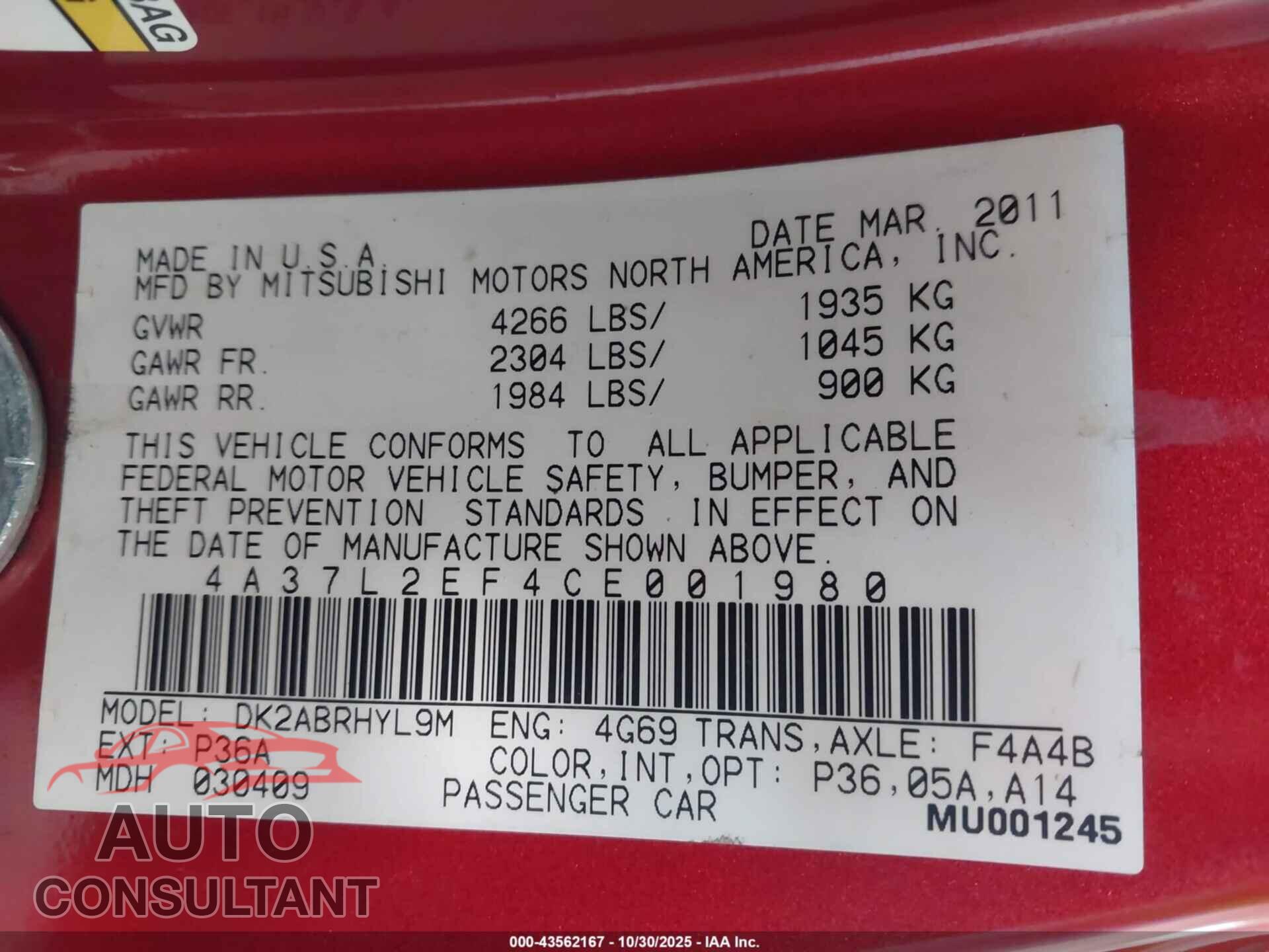 MITSUBISHI ECLIPSE SPYDER 2012 - 4A37L2EF4CE001980