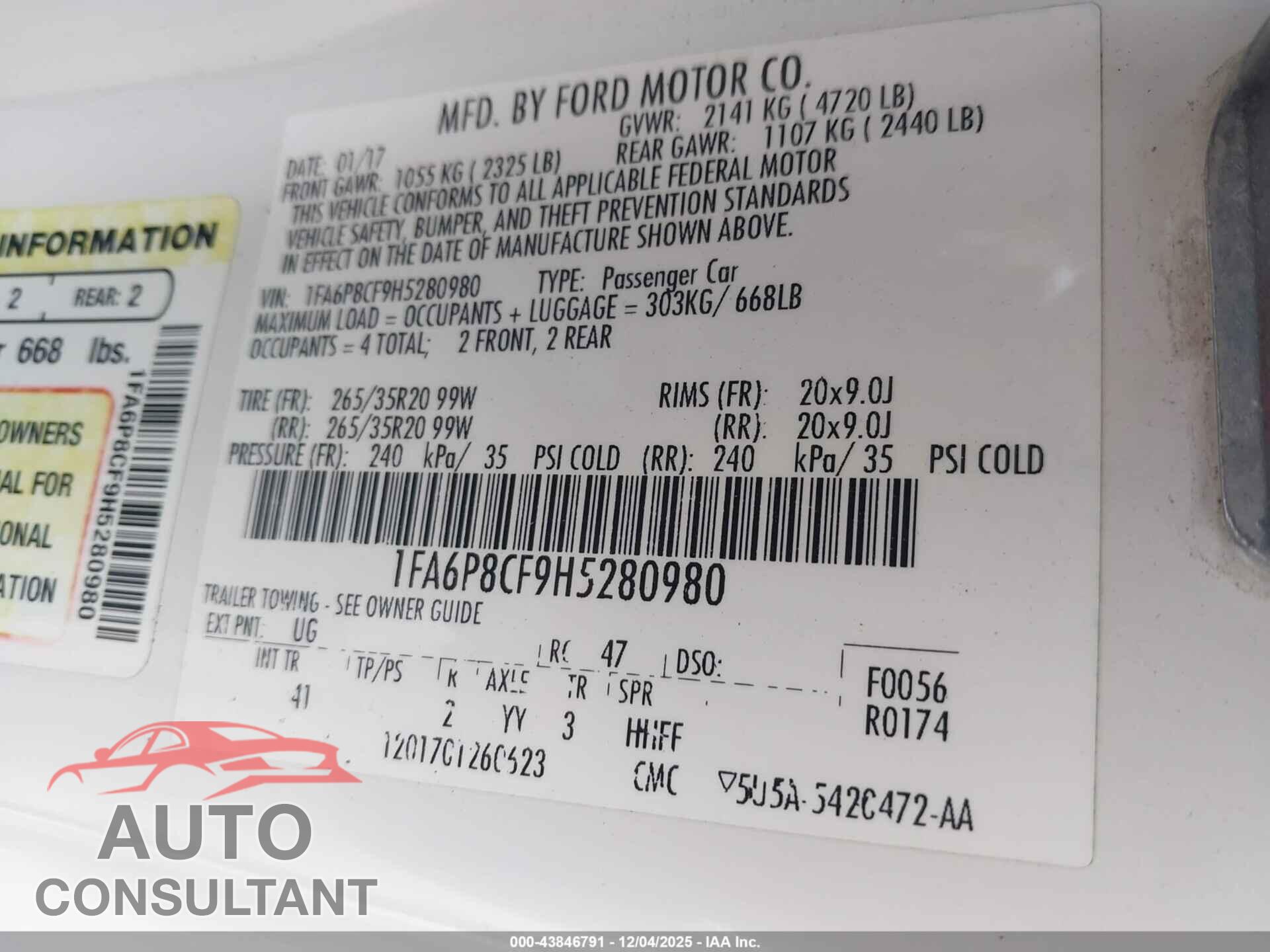 FORD MUSTANG 2017 - 1FA6P8CF9H5280980