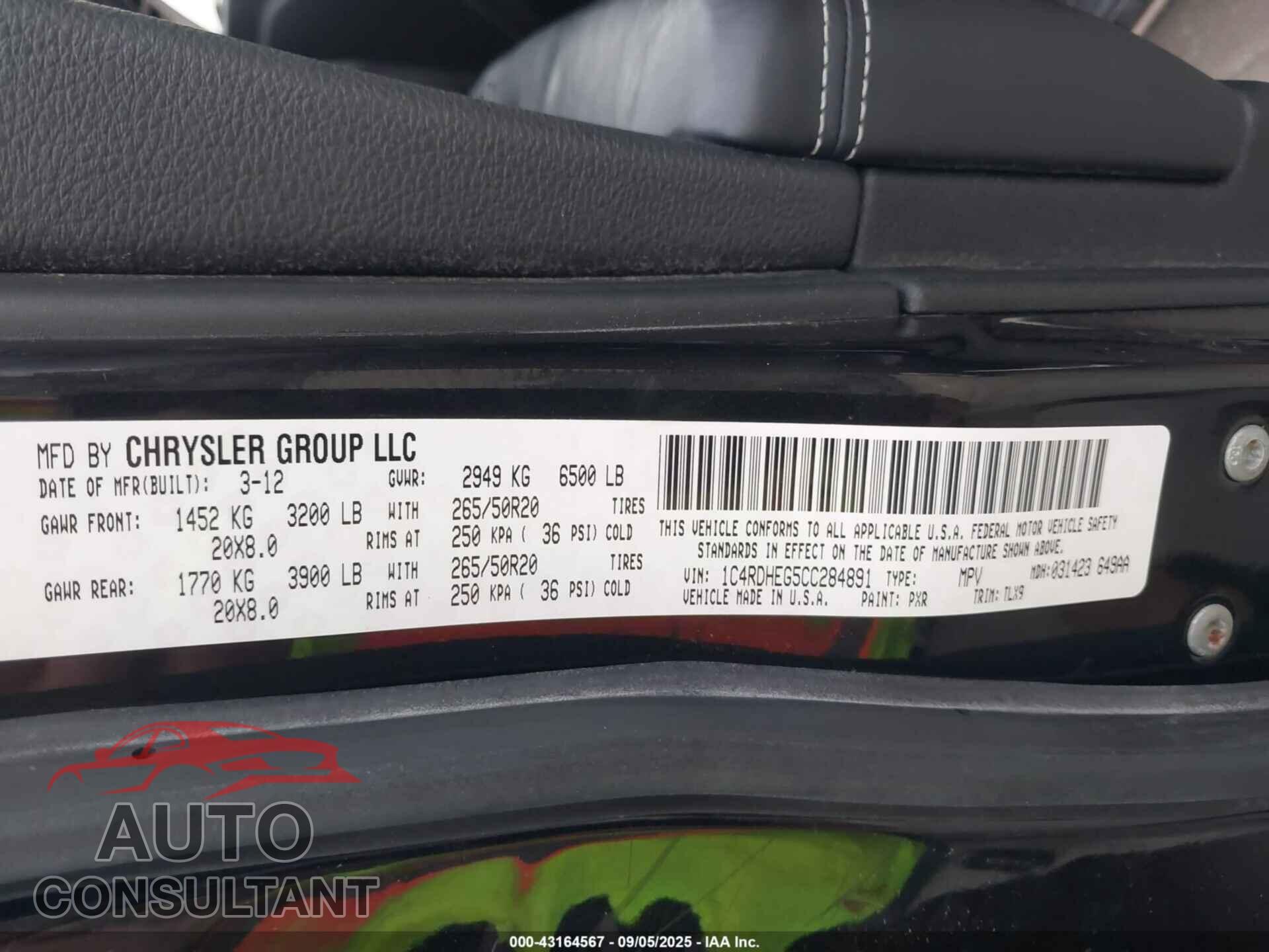 DODGE DURANGO 2012 - 1C4RDHEG5CC284891