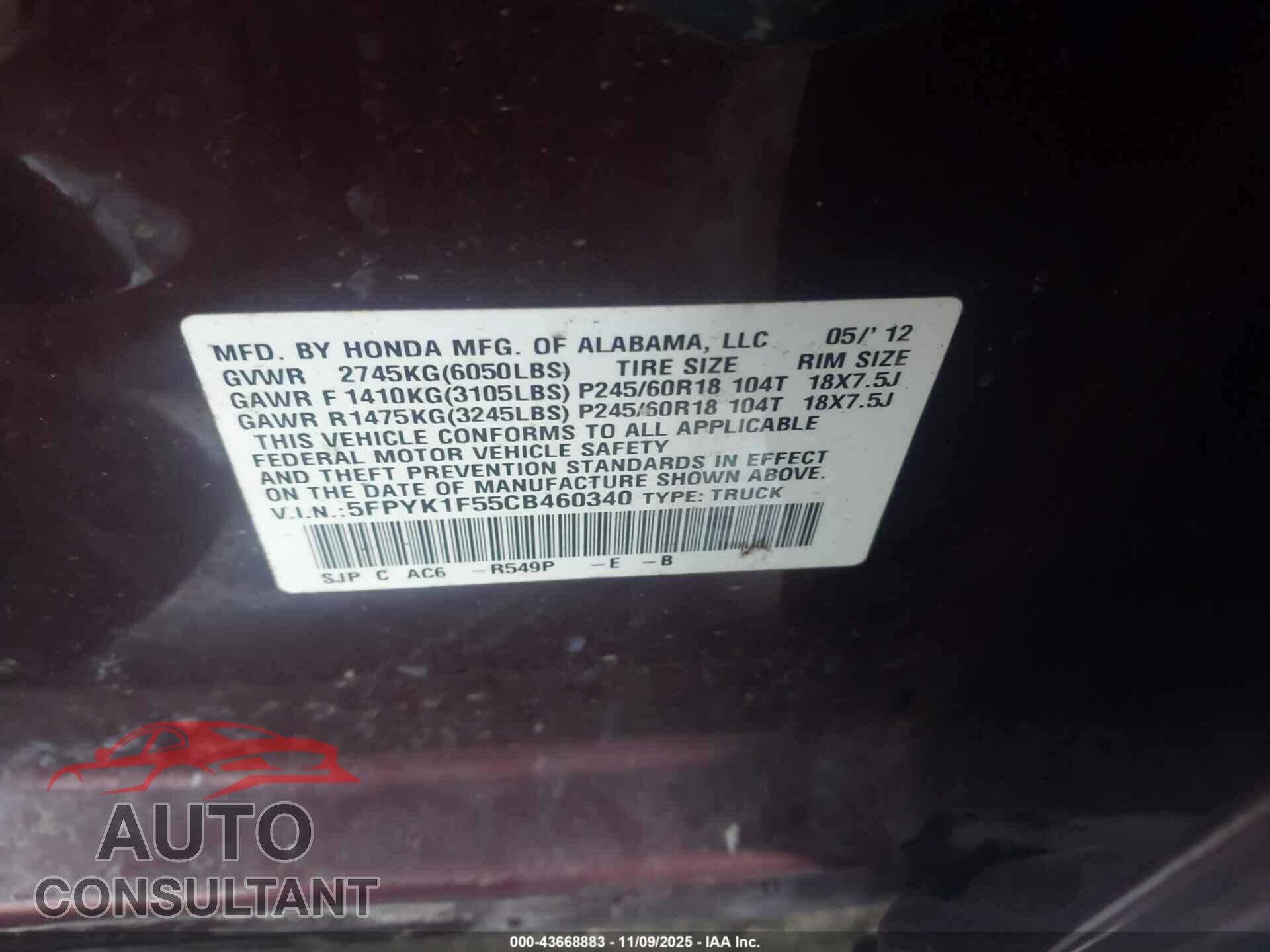 HONDA RIDGELINE 2012 - 5FPYK1F55CB460340