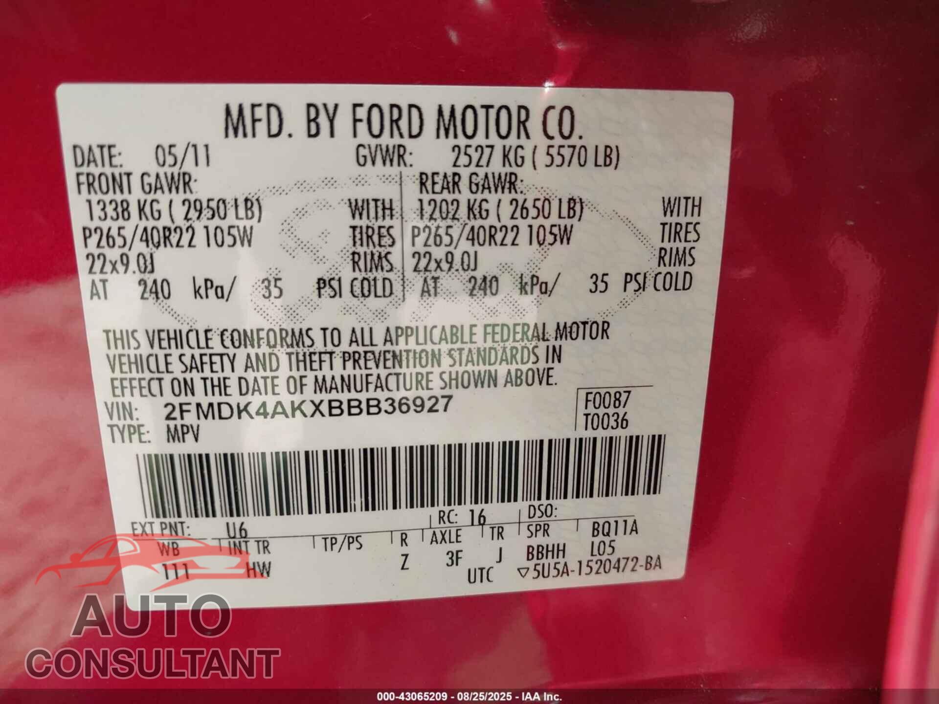 FORD EDGE 2011 - 2FMDK4AKXBBB36927