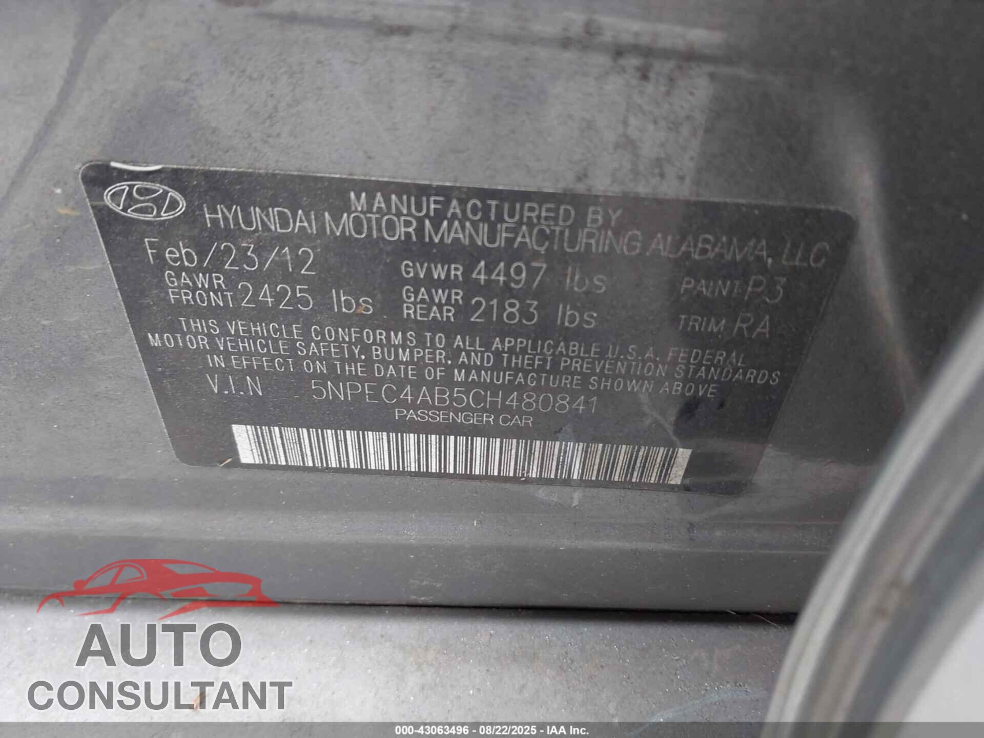 HYUNDAI SONATA 2012 - 5NPEC4AB5CH480841