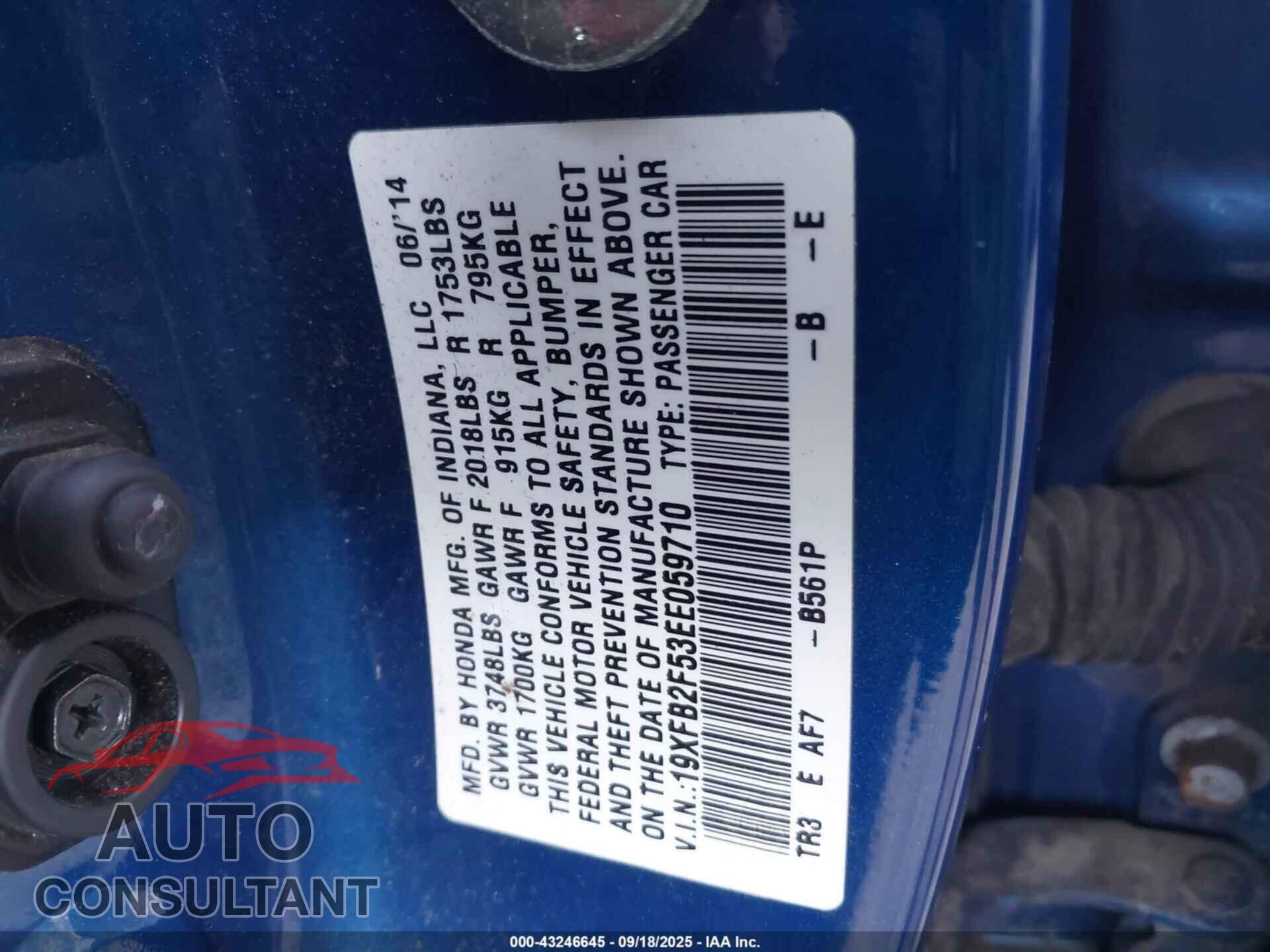 HONDA CIVIC 2014 - 19XFB2F53EE059710
