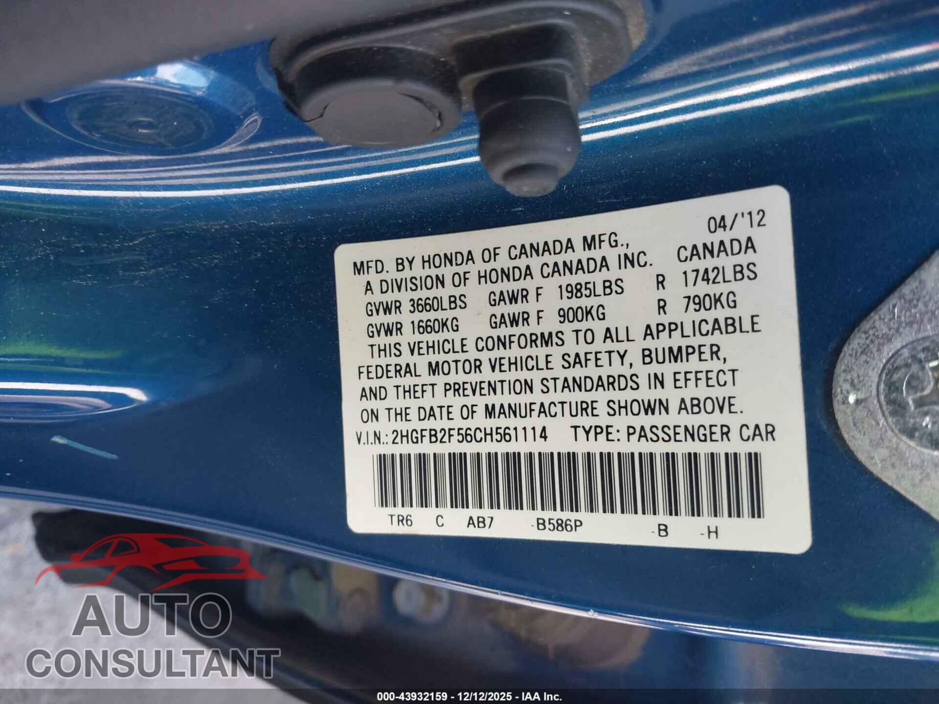 HONDA CIVIC 2012 - 2HGFB2F56CH561114