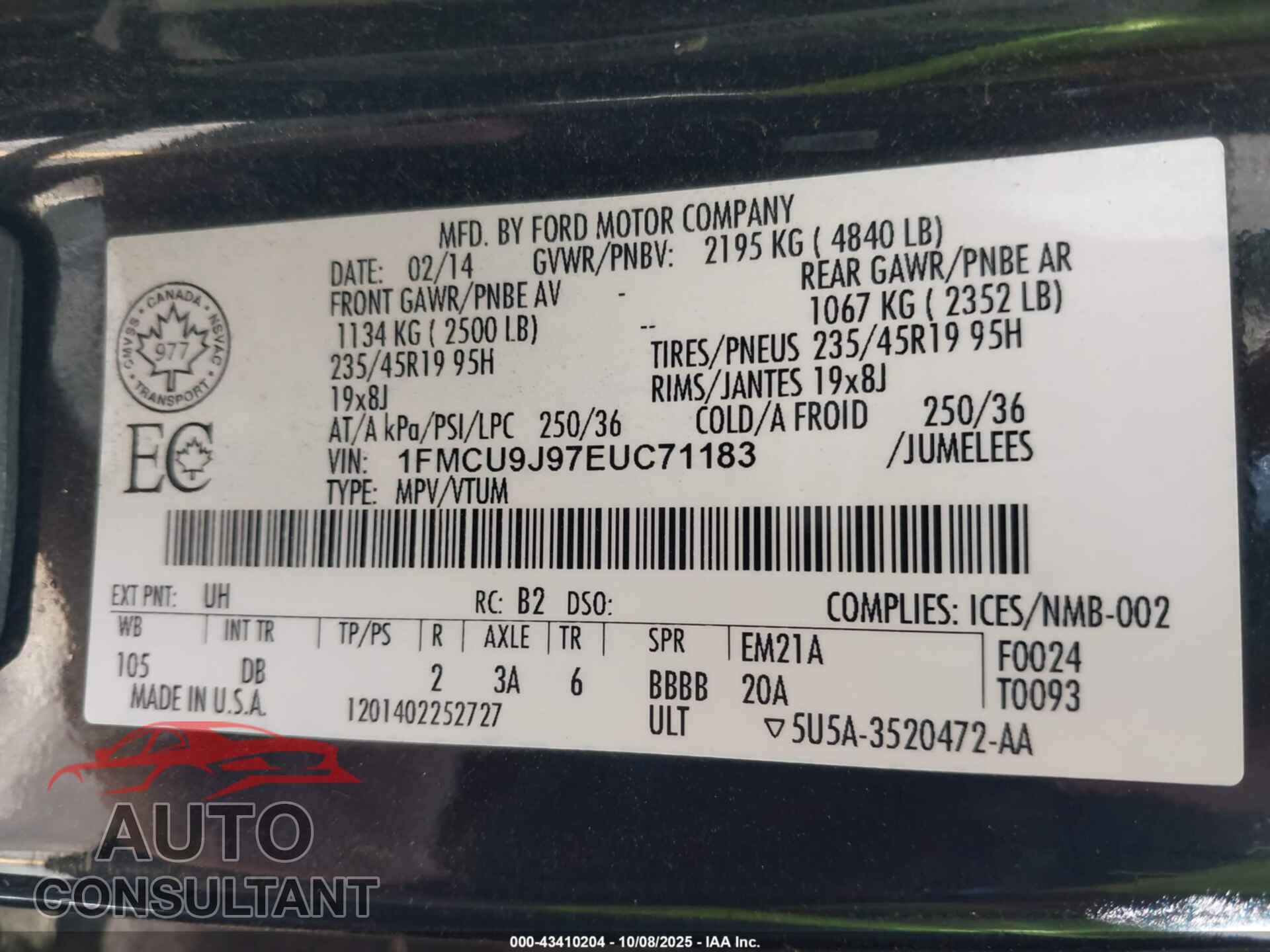 FORD ESCAPE 2014 - 1FMCU9J97EUC71183