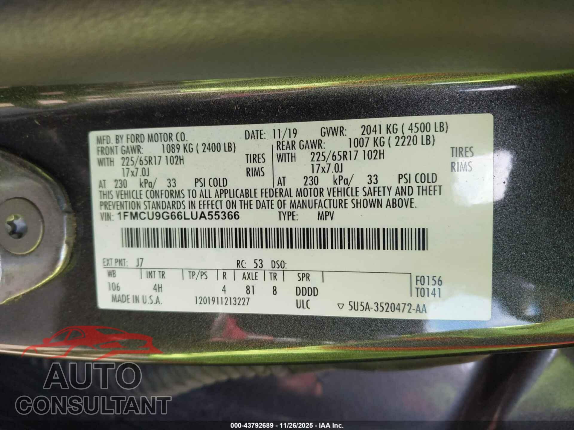 FORD ESCAPE 2020 - 1FMCU9G66LUA55366