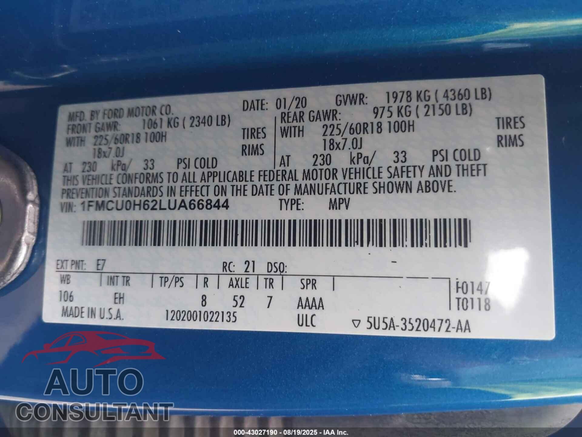 FORD ESCAPE 2020 - 1FMCU0H62LUA66844