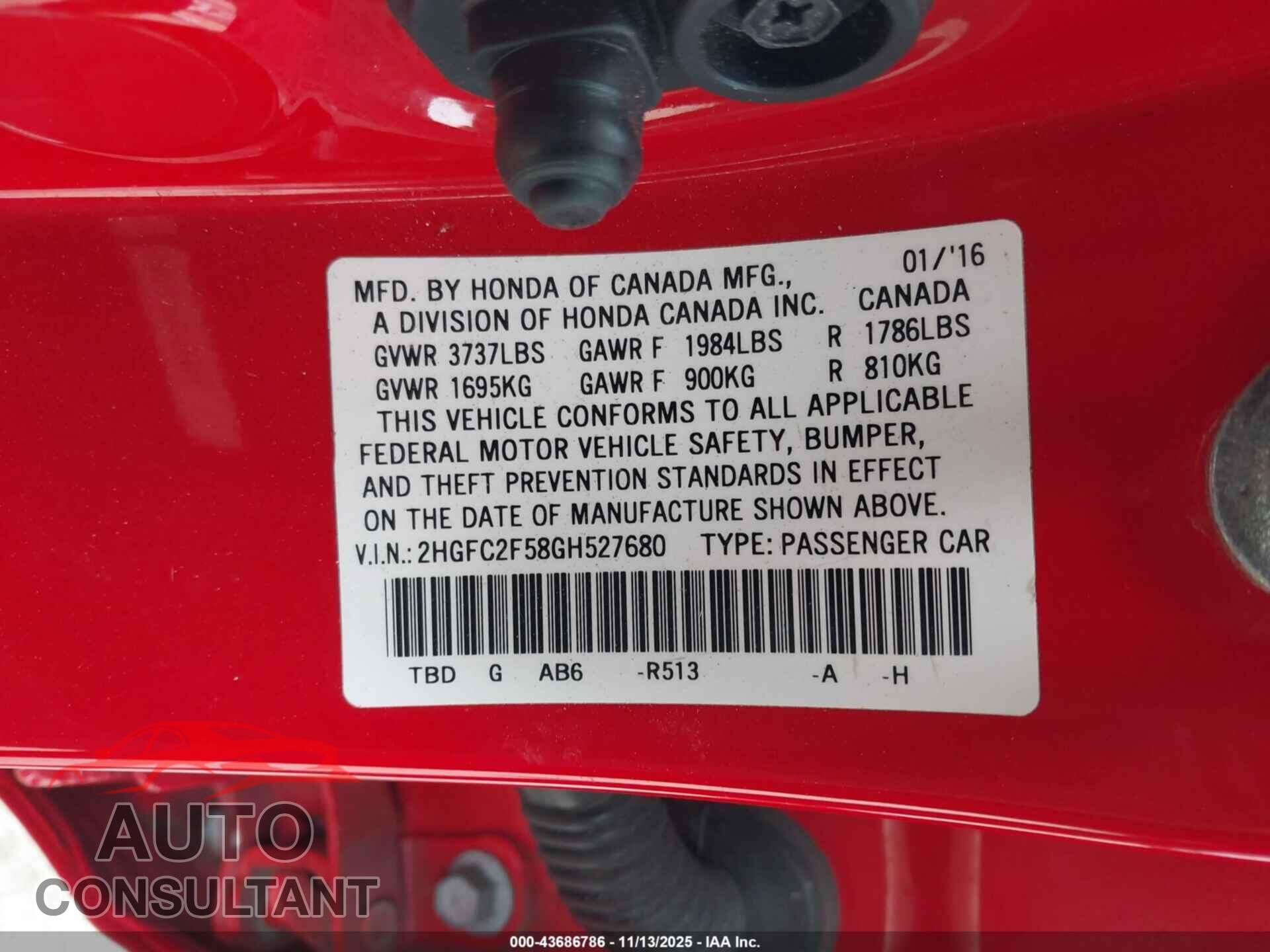 HONDA CIVIC 2016 - 2HGFC2F58GH527680