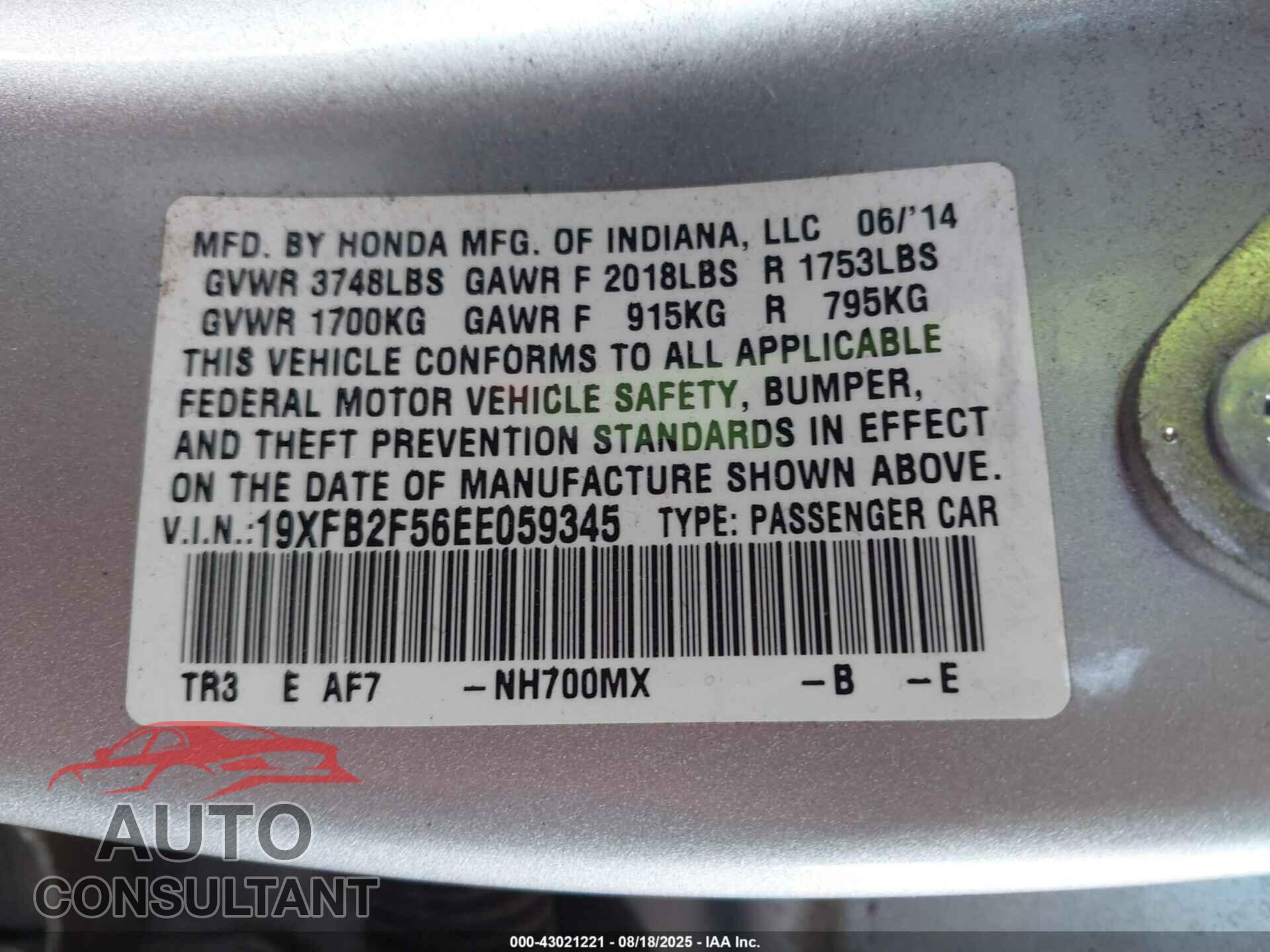HONDA CIVIC 2014 - 19XFB2F56EE059345