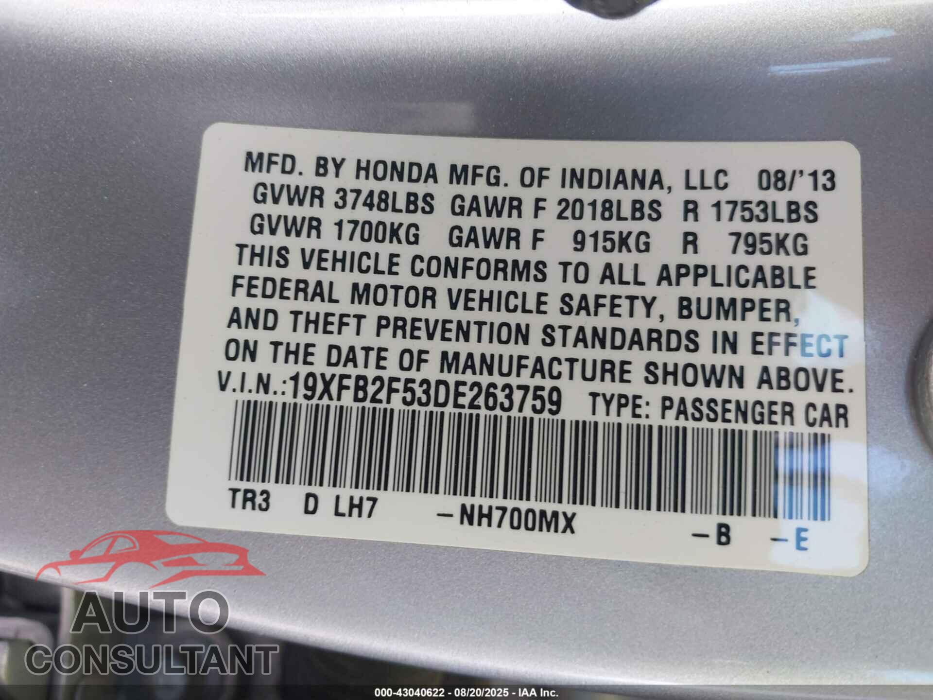 HONDA CIVIC 2013 - 19XFB2F53DE263759