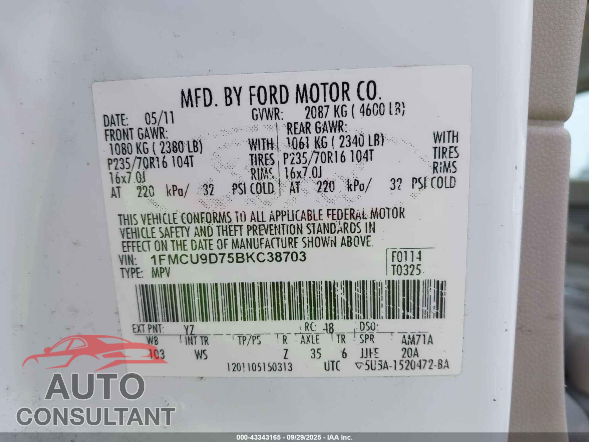 FORD ESCAPE 2011 - 1FMCU9D75BKC38703