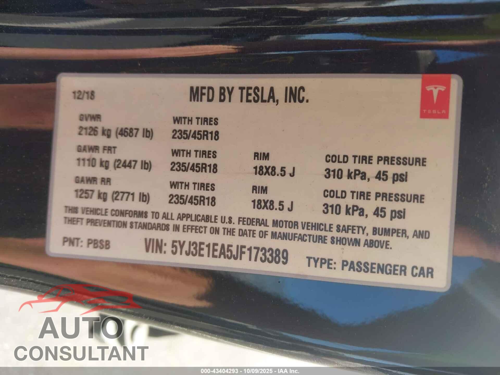 TESLA MODEL 3 2018 - 5YJ3E1EA5JF173389