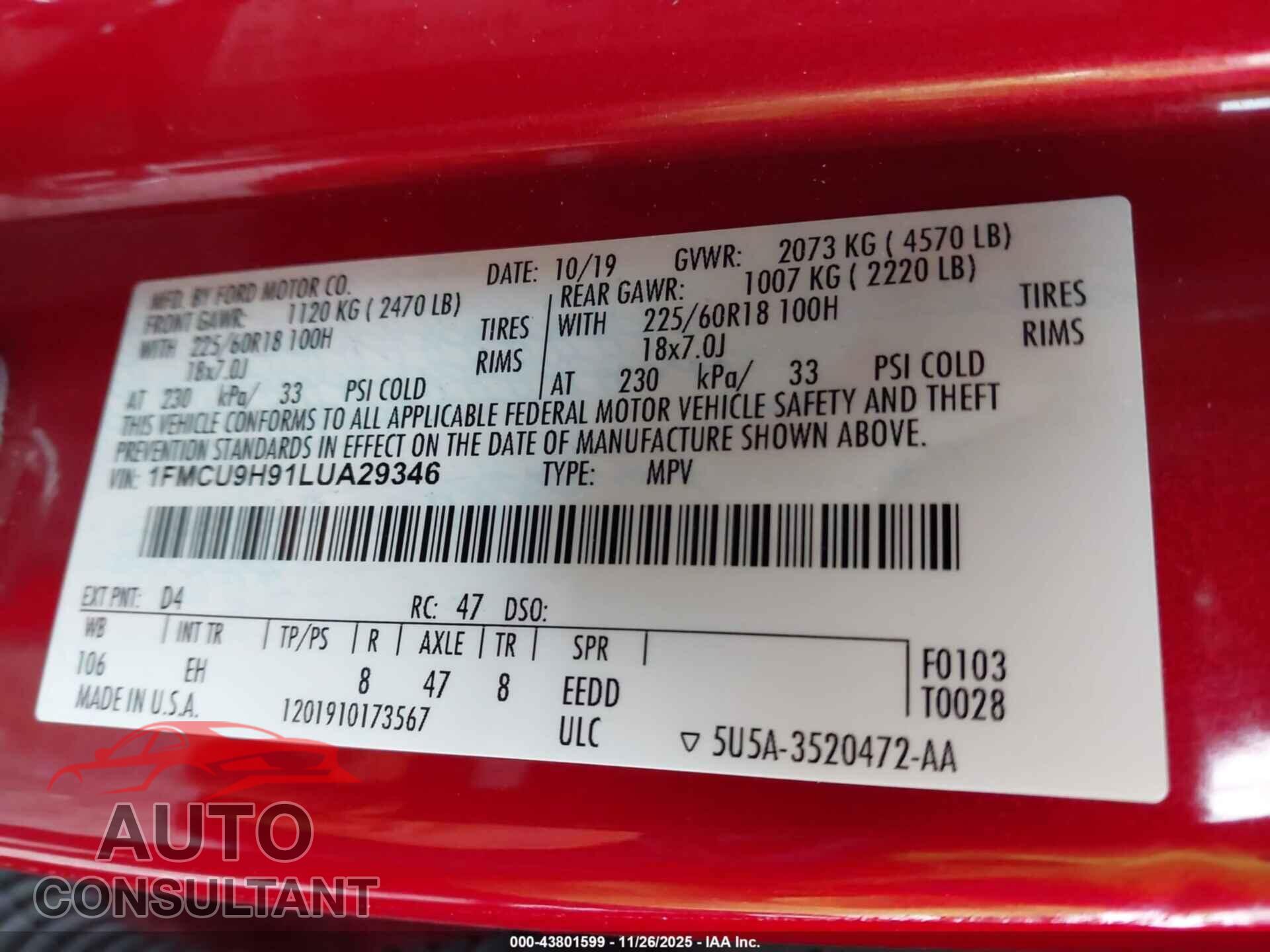 FORD ESCAPE 2020 - 1FMCU9H91LUA29346
