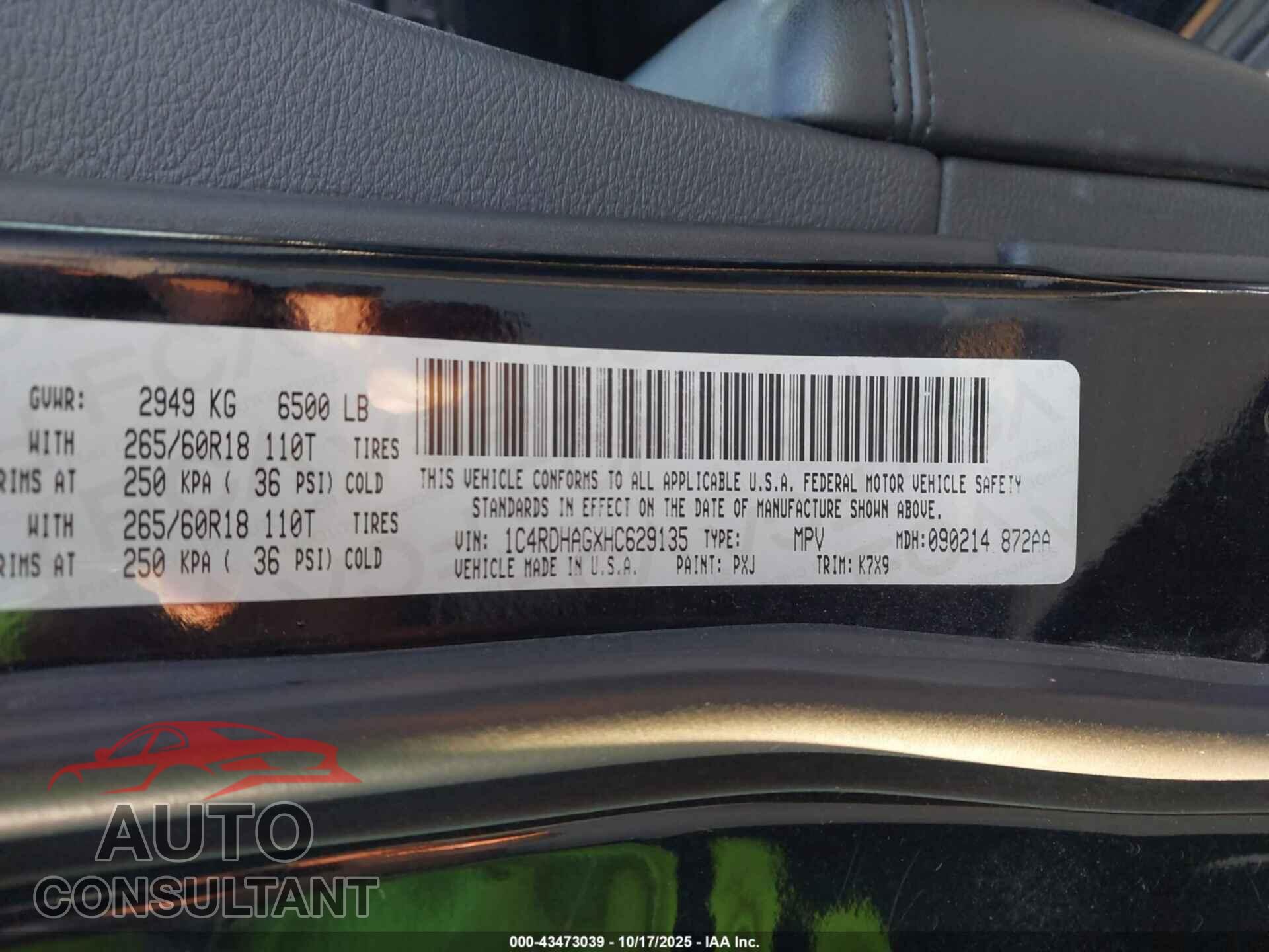 DODGE DURANGO 2017 - 1C4RDHAGXHC629135