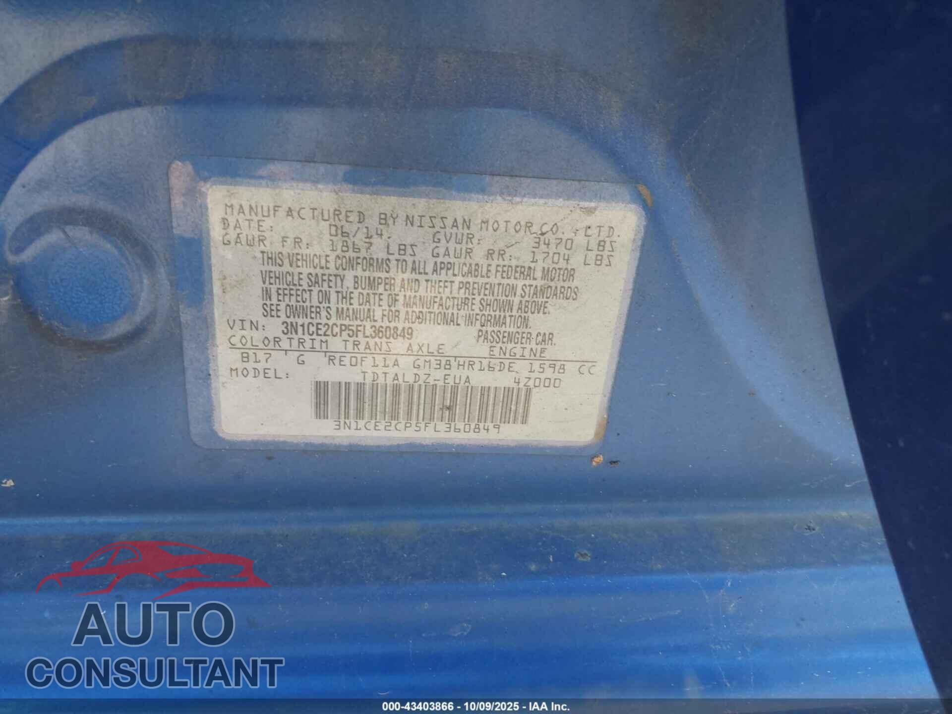 NISSAN VERSA NOTE 2015 - 3N1CE2CP5FL360849
