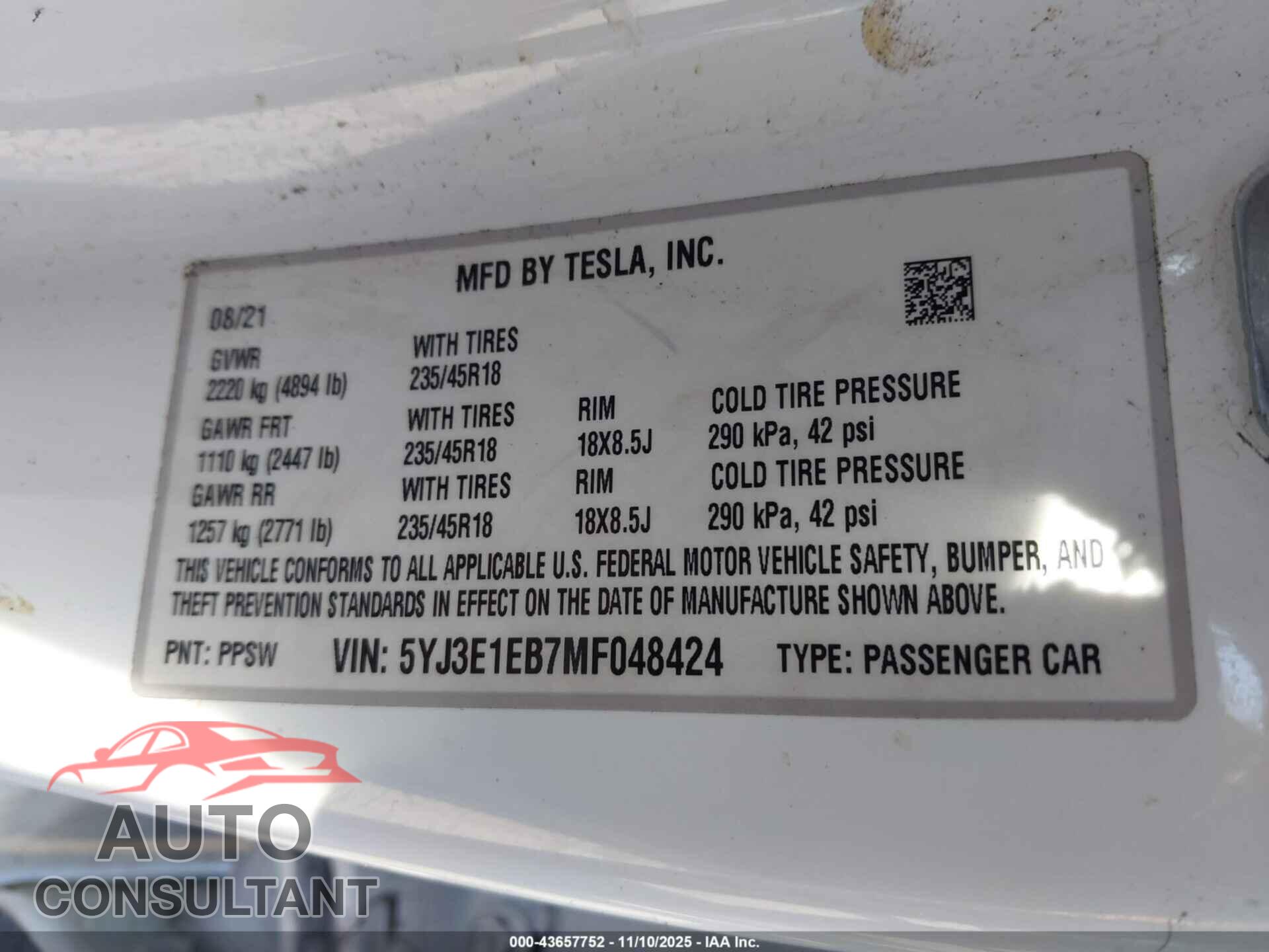 TESLA MODEL 3 2021 - 5YJ3E1EB7MF048424