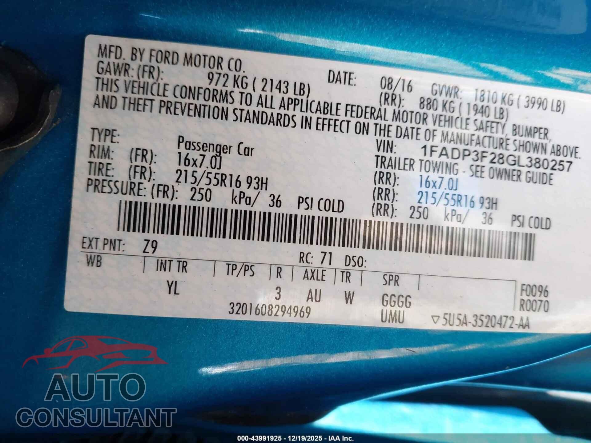 FORD FOCUS 2016 - 1FADP3F28GL380257