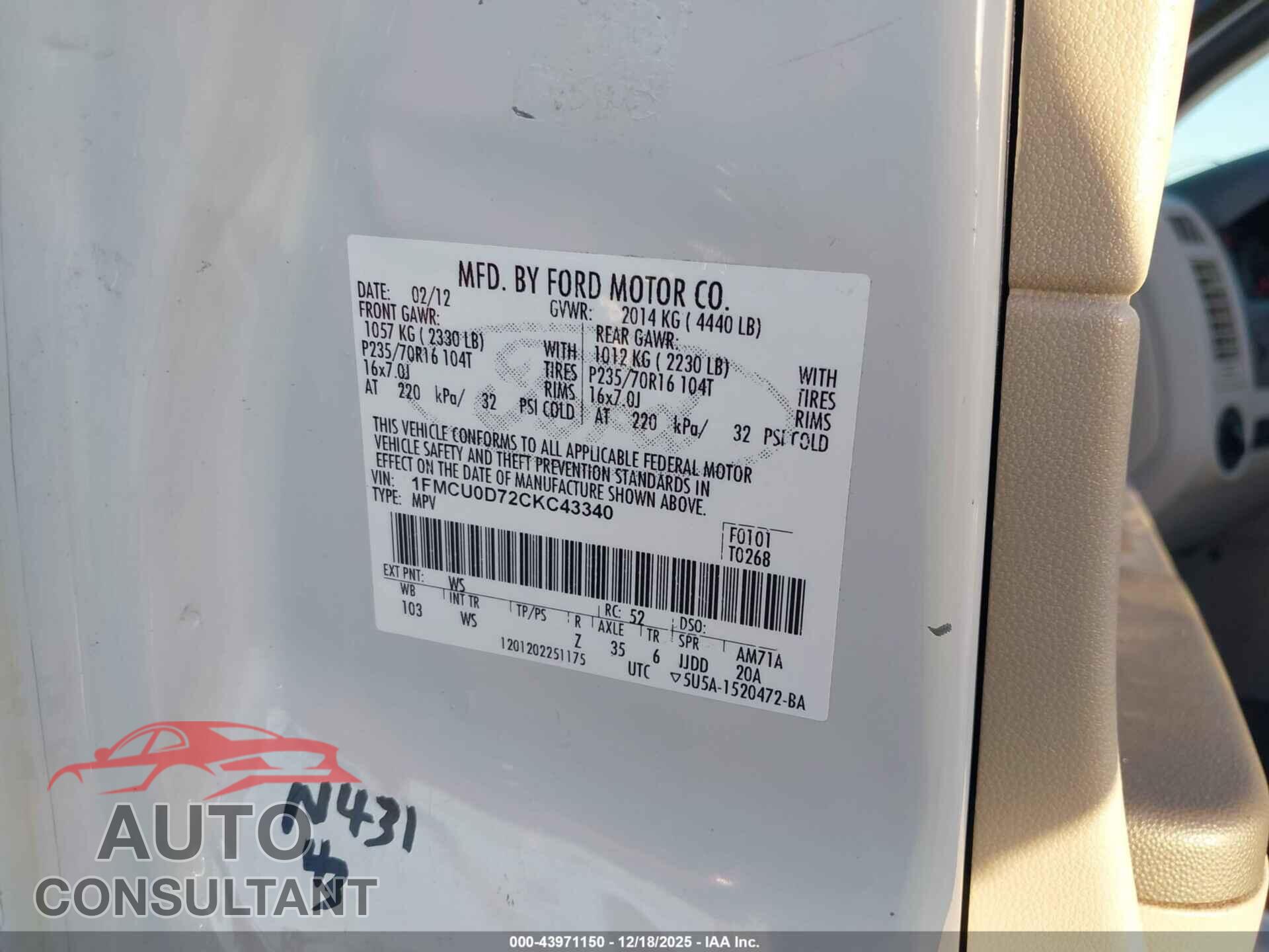 FORD ESCAPE 2012 - 1FMCU0D72CKC43340