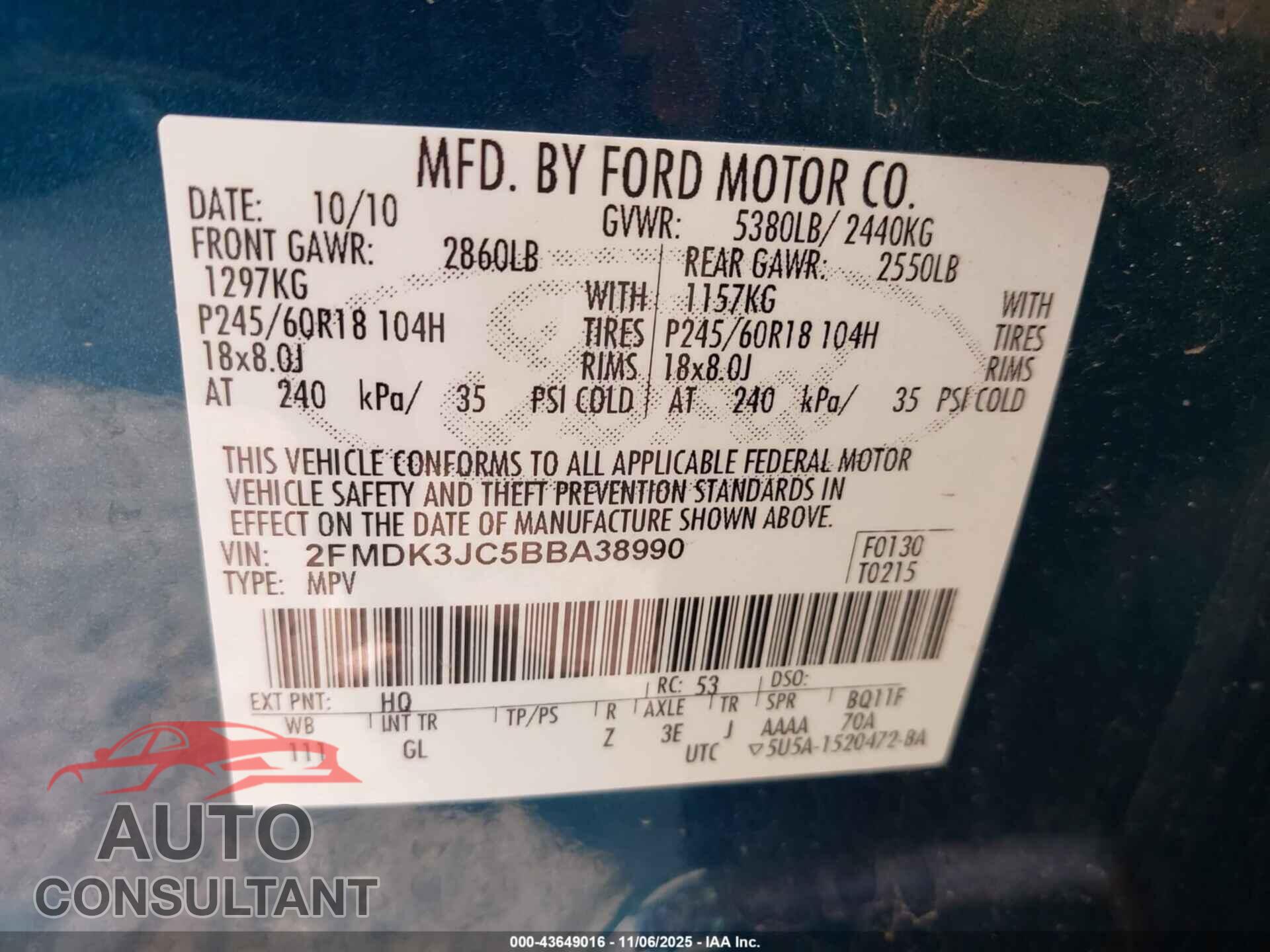 FORD EDGE 2011 - 2FMDK3JC5BBA38990
