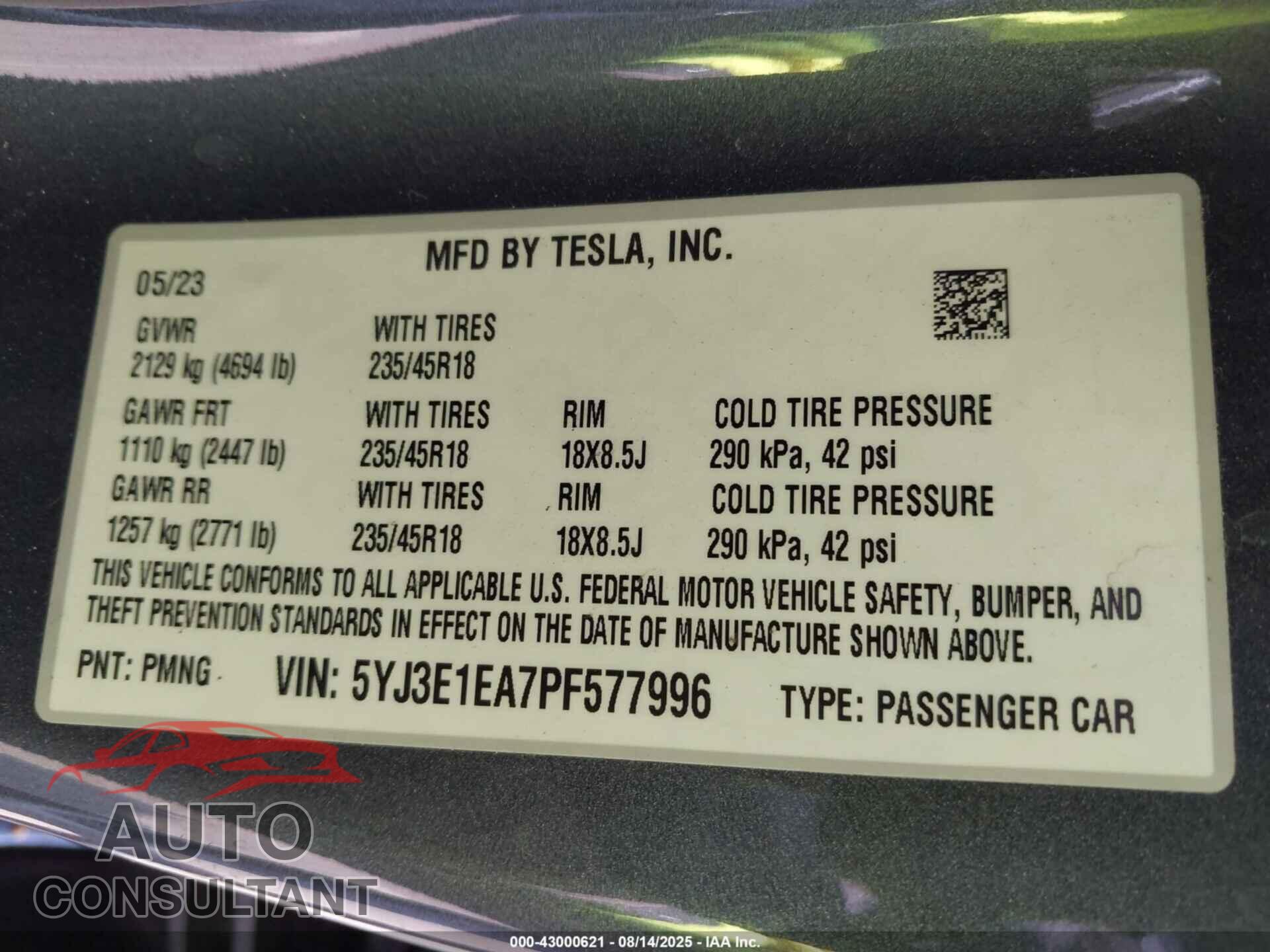 TESLA MODEL 3 2023 - 5YJ3E1EA7PF577996