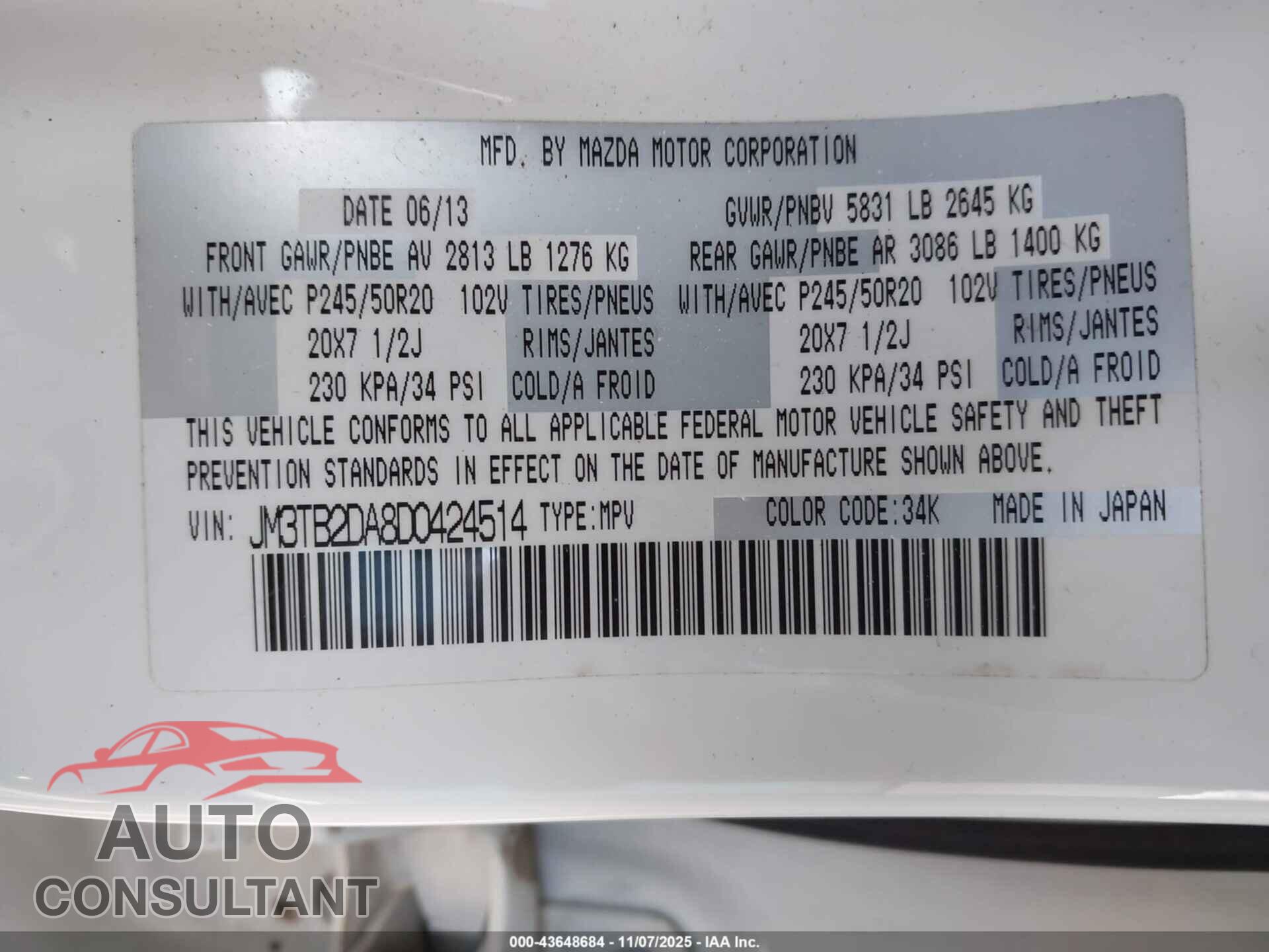 MAZDA CX-9 2013 - JM3TB2DA8D0424514