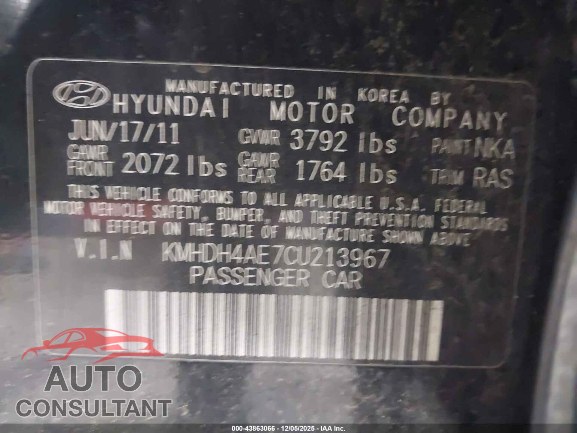HYUNDAI ELANTRA 2012 - KMHDH4AE7CU213967