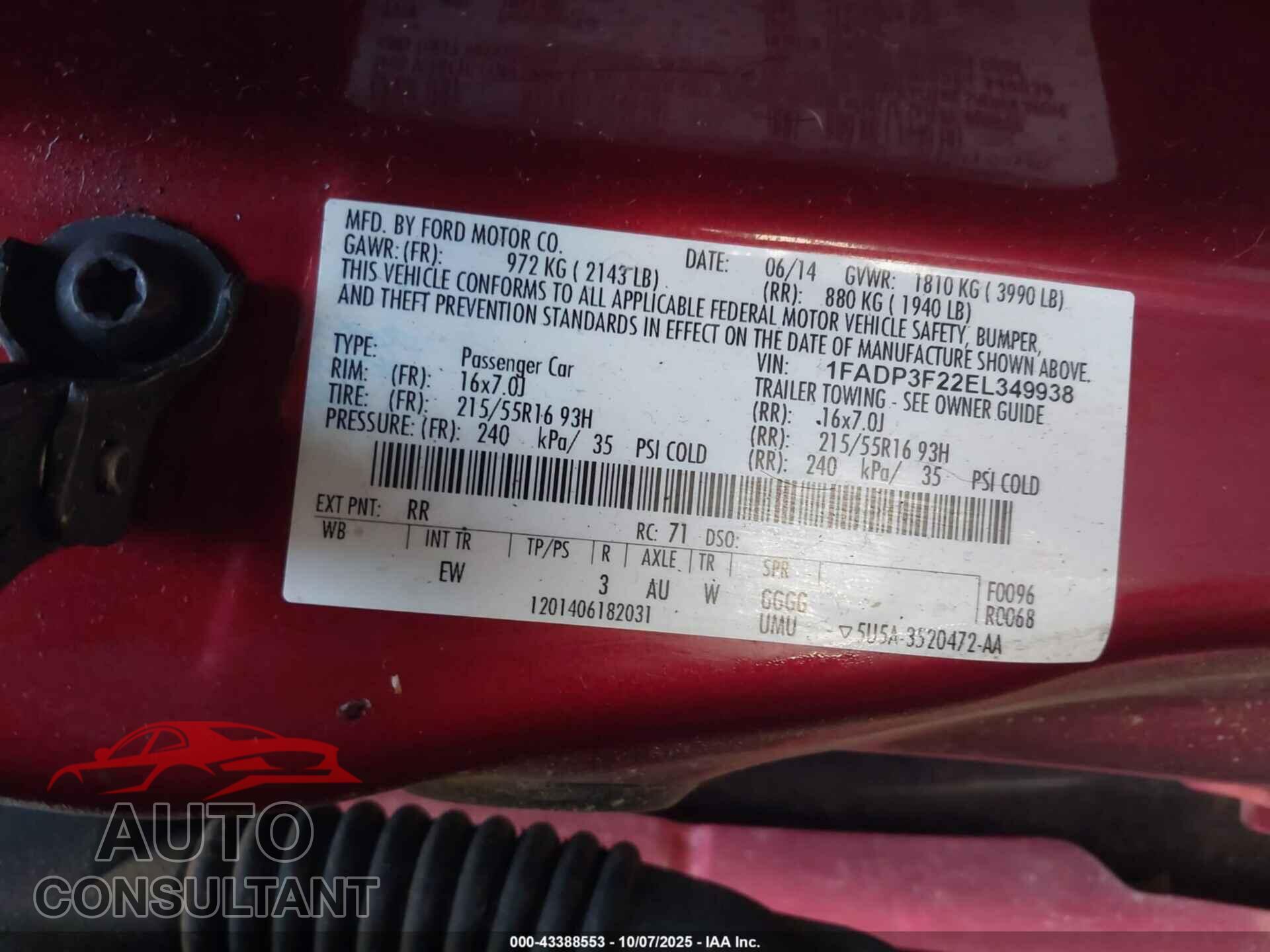 FORD FOCUS 2014 - 1FADP3F22EL349938