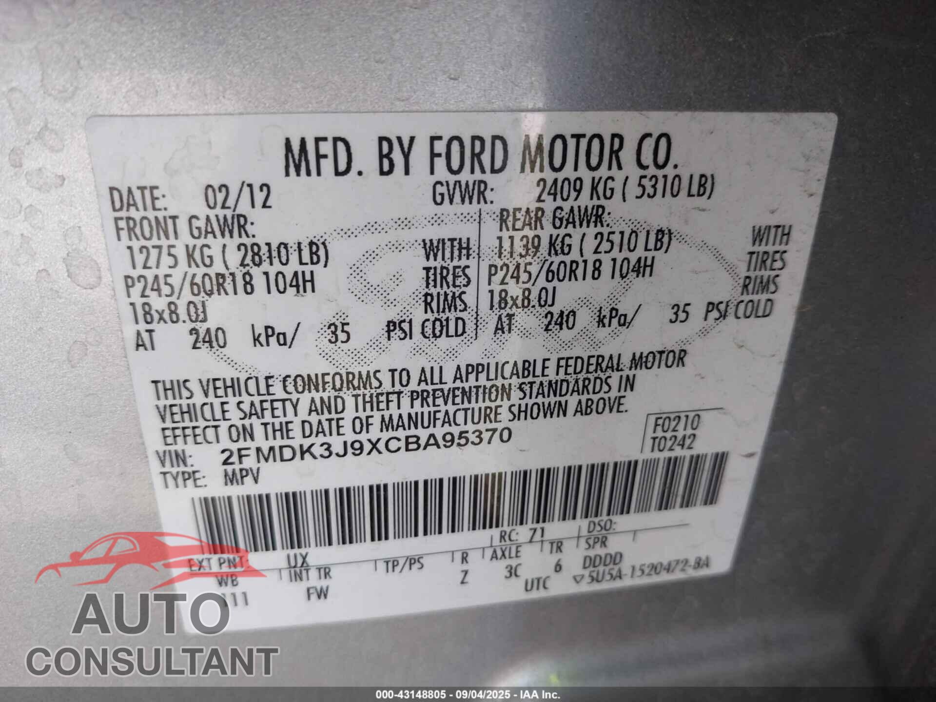 FORD EDGE 2012 - 2FMDK3J9XCBA95370